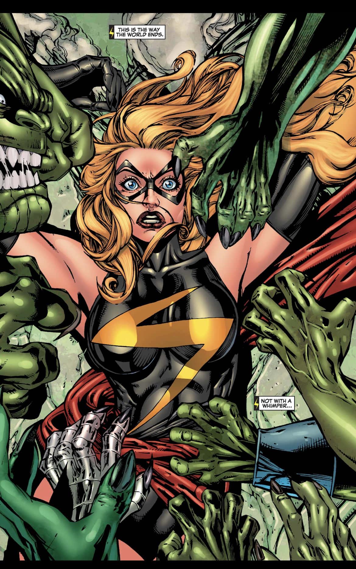 Secret Invasion 桌布 壁紙 — 一位金髮女超級英雄穿著帶有黃色閃電的黑色套裝，在漫畫格中被綠色皮膚的怪物包圍。