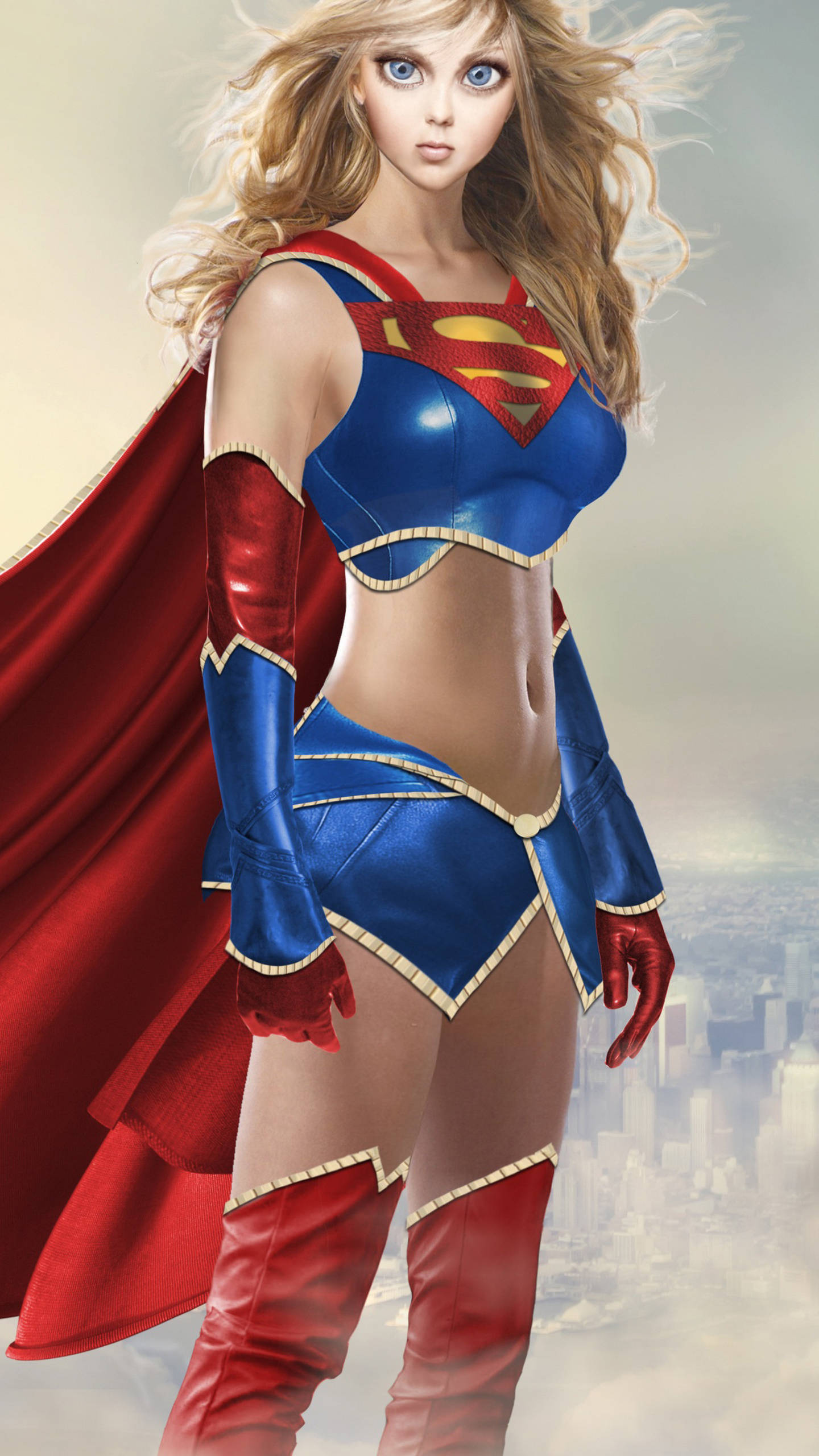 Supergirl 桌布 壁紙 — 一位金髮女超級英雄穿著藍色和紅色的服裝，披著飄逸的斗篷，自信地站在城市景觀之上。