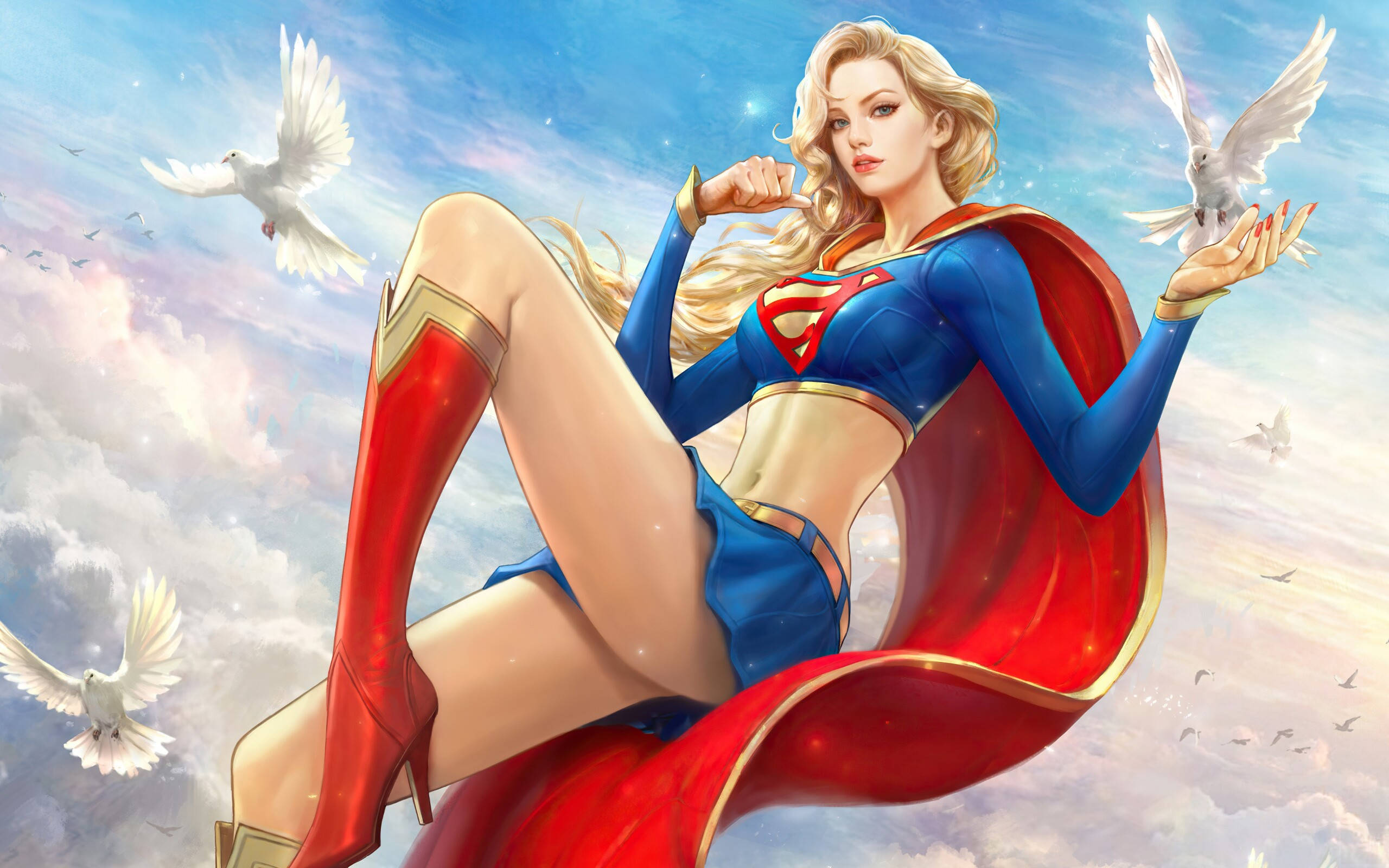 Supergirl 桌布 壁紙 — 一位金髮女超級英雄穿著藍色和紅色服裝，在明亮的雲天中優雅地漂浮在白鴿之間。