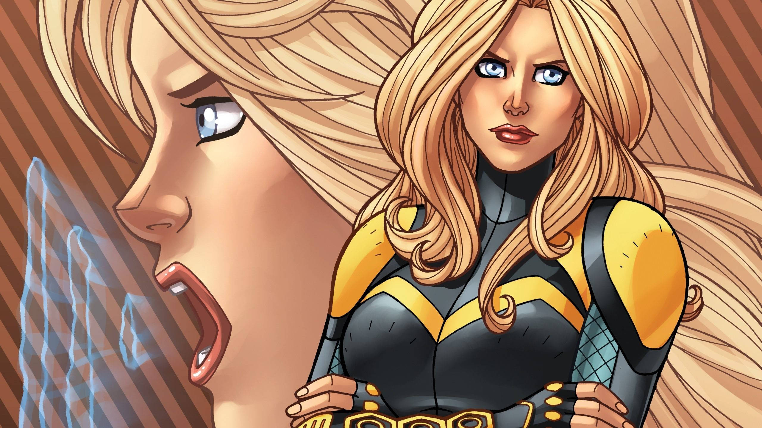 Black Canary 桌布 壁紙 — 一位金髮女超級英雄穿著黑色和黃色套裝自信地站著，一道幽靈般的藍色能量手從她的側面輪廓中浮現。