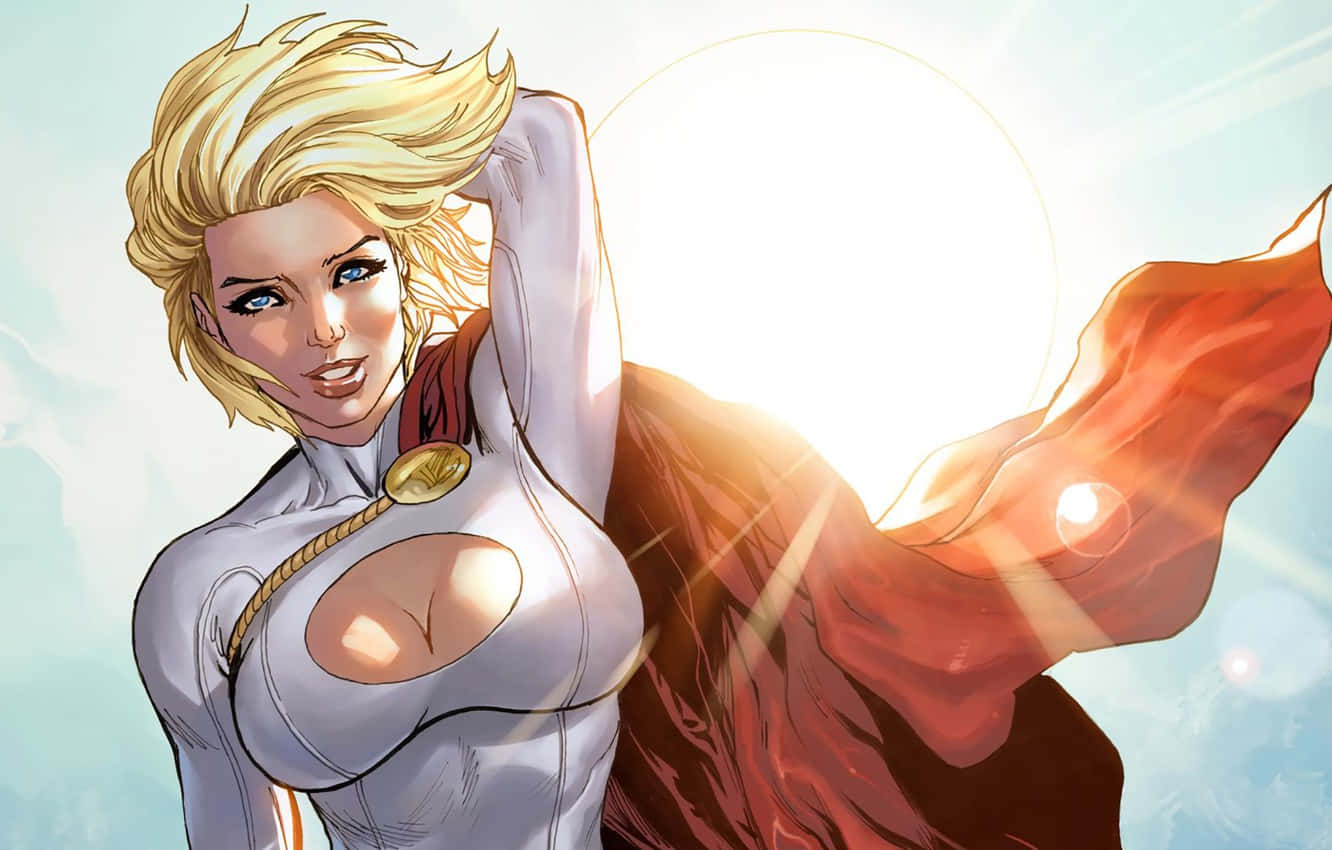 Comics 桌布 壁紙 — 一位金髮女超級英雄身穿白色套裝和紅色斗篷，在明亮的陽光下自信地站立，頭髮隨風飄揚。