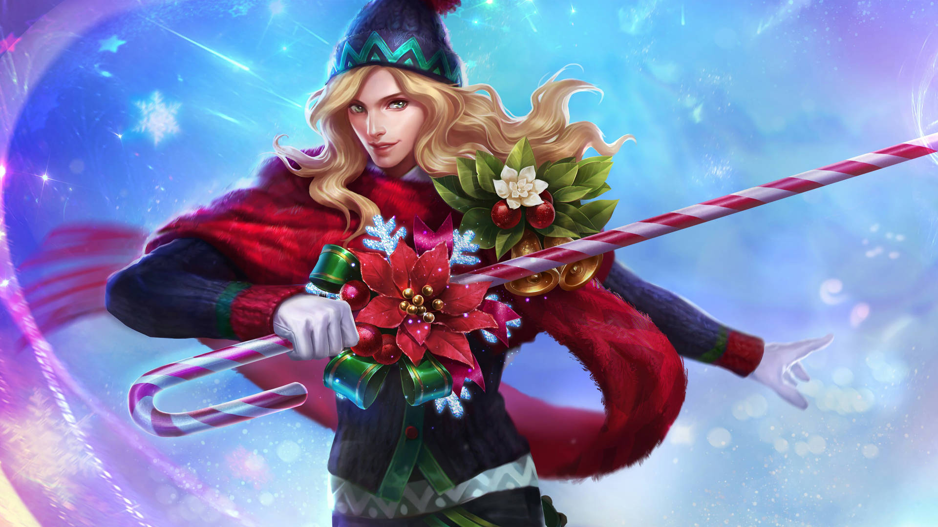 Mobile Legends 動態圖 桌布 壁紙 — 一位金髮女郎穿著紅色冬季服裝，在閃爍的宇宙背景前揮舞著糖果手杖。