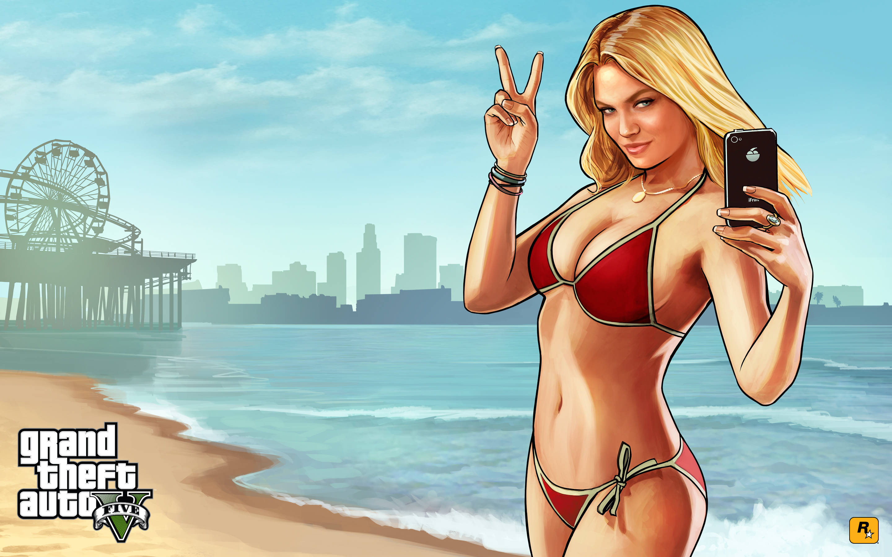 4K gta 5 桌布 壁紙 — 一位金髮女郎穿著紅色比基尼在海灘上自拍，背景是摩天輪碼頭和城市天際線。