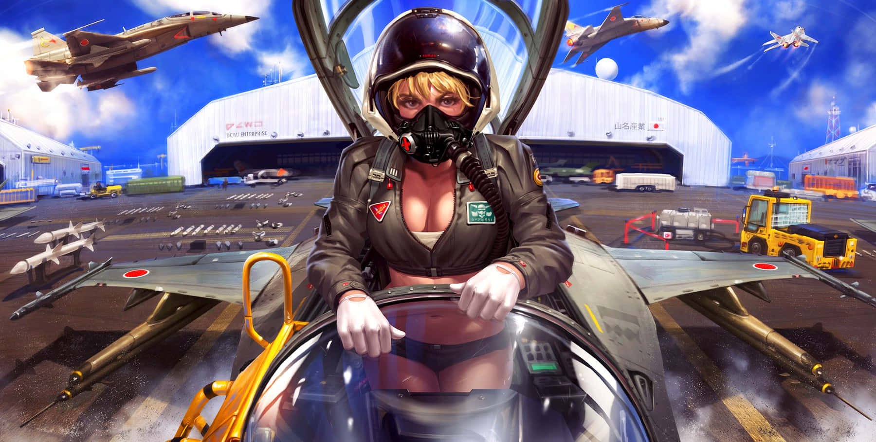 Plane 桌布 壁紙 — 一位金髮女飛行員在戰鬥機駕駛艙內，背景有飛機和機庫，天空湛藍。