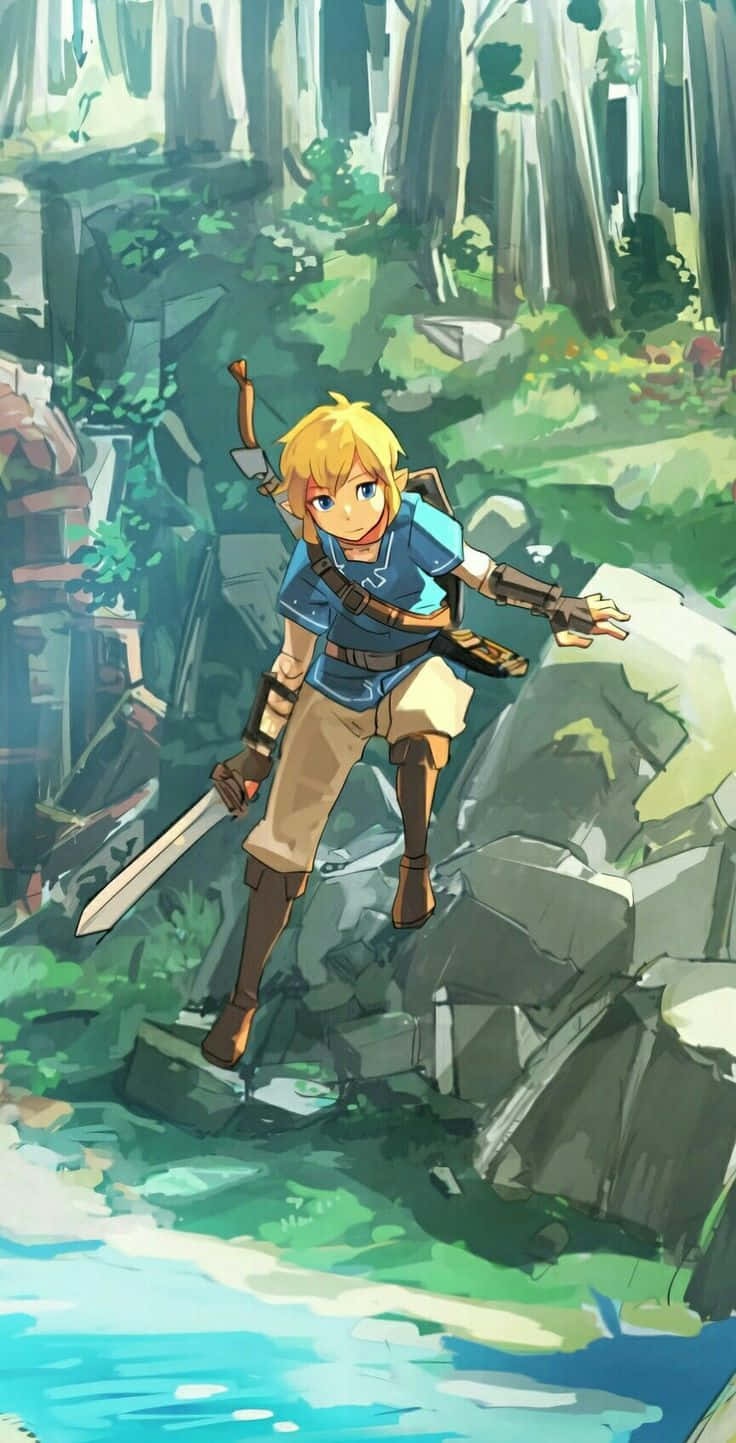 Botw 桌布 壁紙 — 一位金髮年輕冒險家身穿藍色束腰外衣和棕色靴子，站在翠綠森林中清澈溪流旁的岩石地形上。