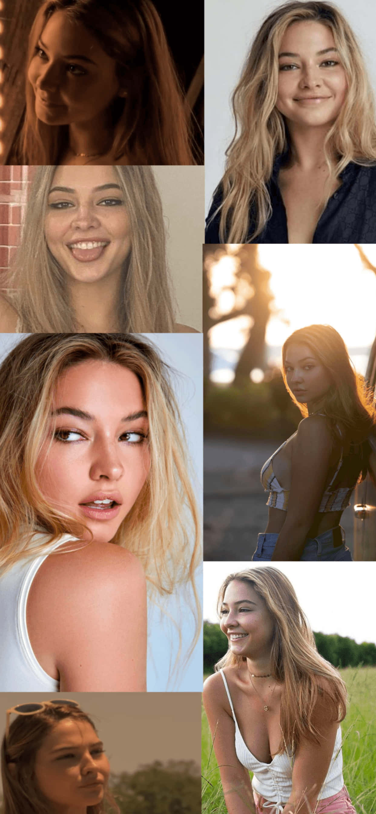 Madelyn Cline 桌布 壁紙 — 一位金髮年輕女性在各種自然和室內環境中的七張自然肖像拼貼畫。