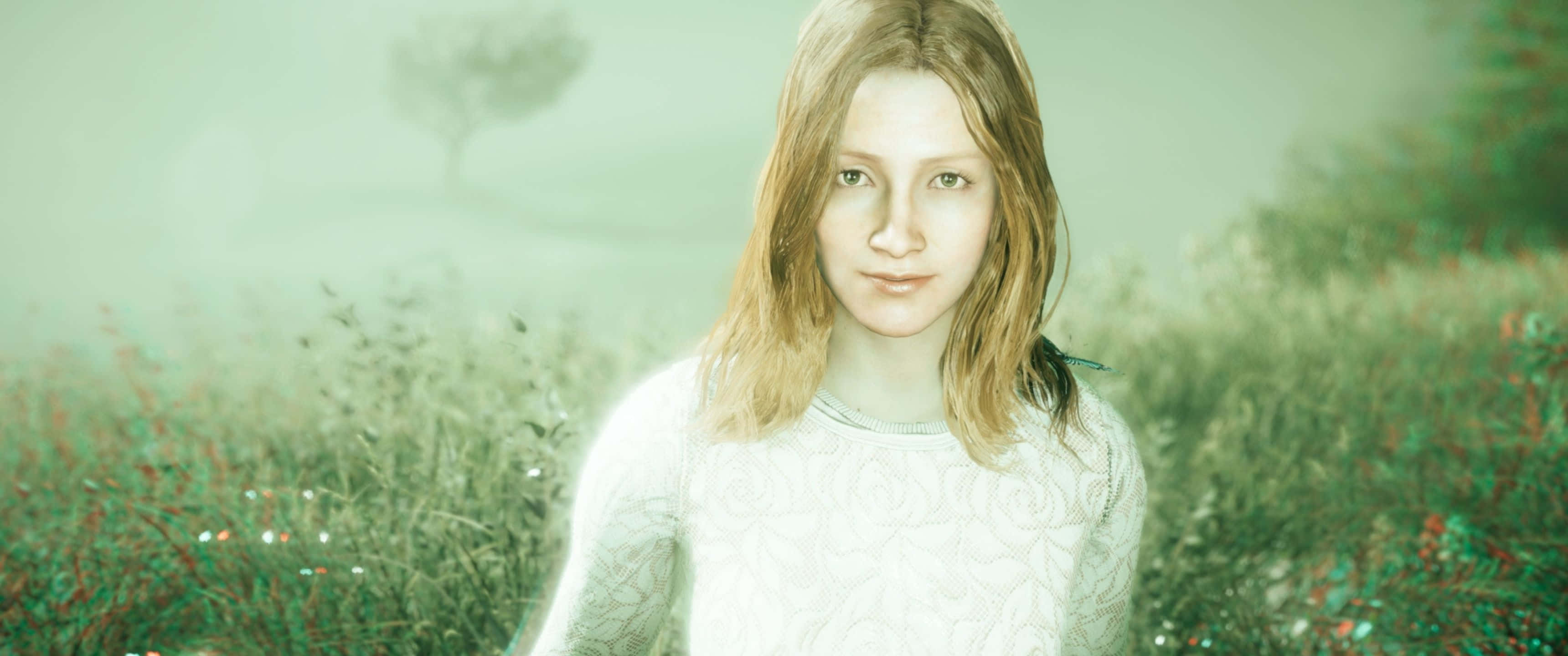 3440x1440p Far Cry 5 桌布 壁紙 — 一位金髮年輕女性身穿白色蕾絲上衣，站在薄霧籠罩的田野中，周圍是柔和的綠色和紅色葉子，光線柔和。
