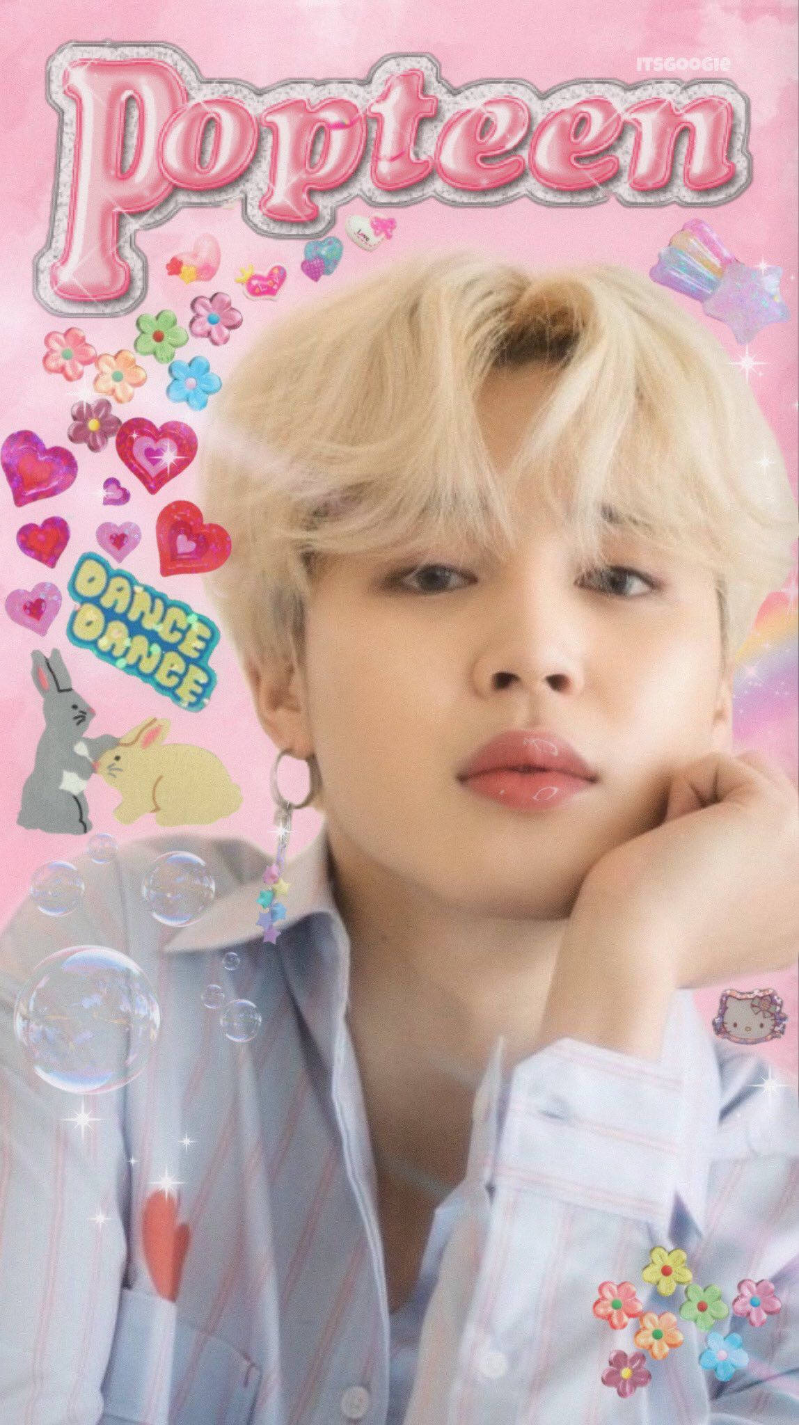 Jimin Bts Cute 桌布 壁紙 — 一位金髮年輕男子將下巴擱在手上，背景是充滿活力的粉紅色，飾有心形、花朵和卡通人物。