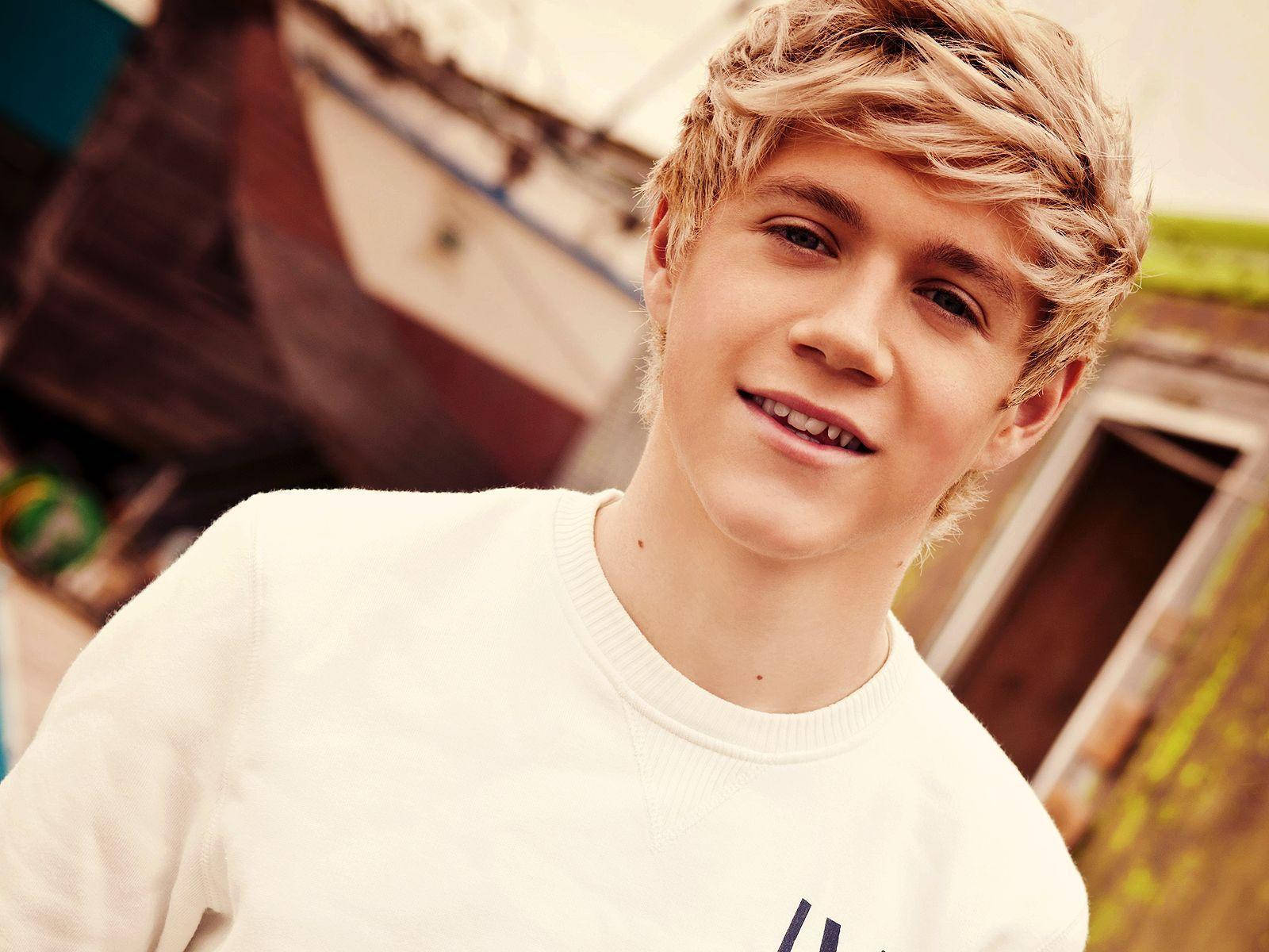 niall horan 桌布 壁紙 — 一位金髮微亂的年輕男子穿著白色圓領毛衣，對著鏡頭露出溫暖的笑容。