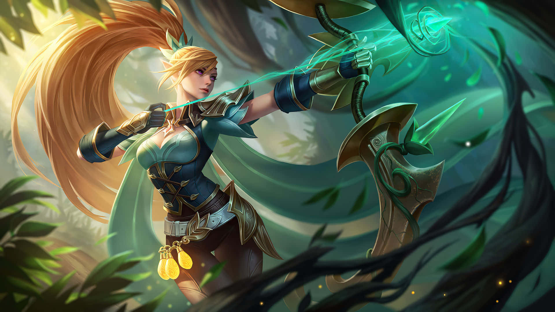 Mobile Legends 動態圖 桌布 壁紙 — 一位金髮戰士，飄逸的馬尾辮，在充滿活力的奇幻森林中，於旋轉的樹葉間揮舞著發光的綠色弓。