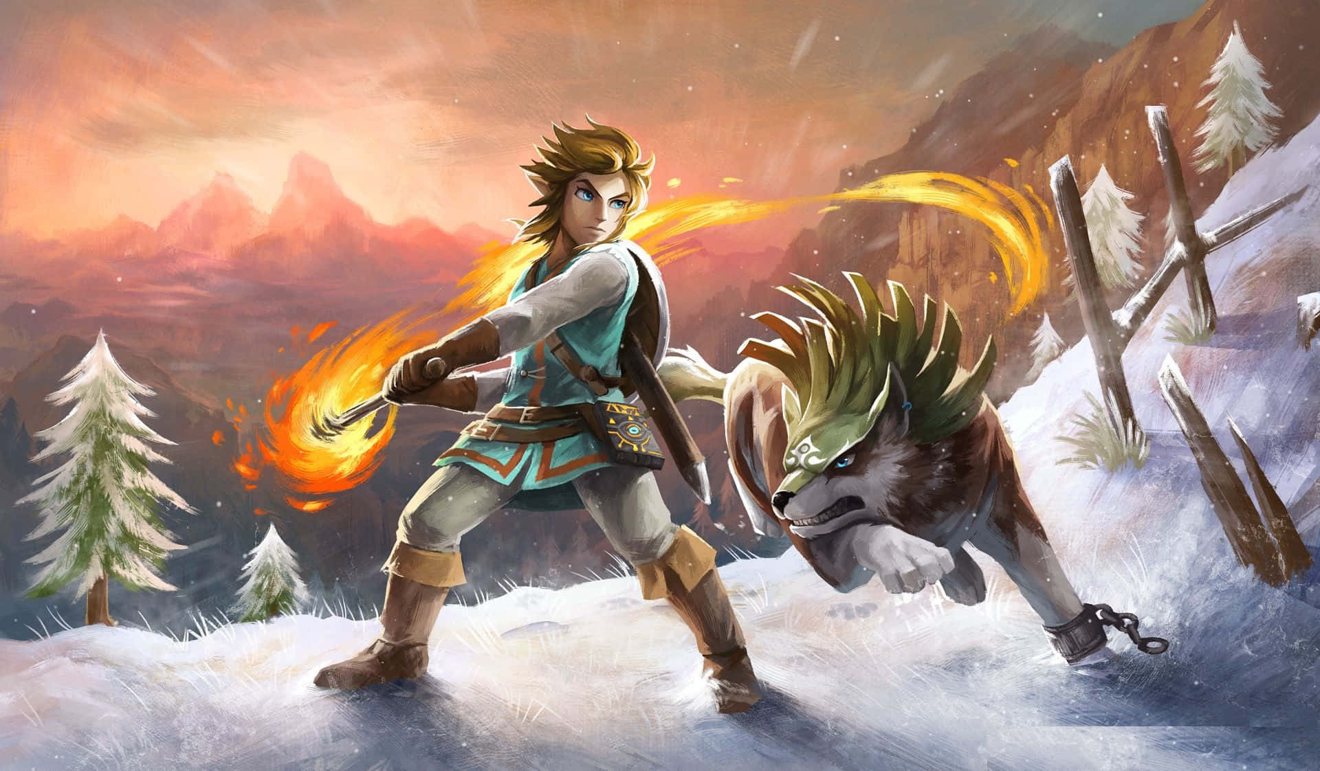 Breath Of The Wild 桌布 壁紙 — 一位金髮戰士在日落時分的雪山頂上，與狼同伴一起揮舞著火焰劍。
