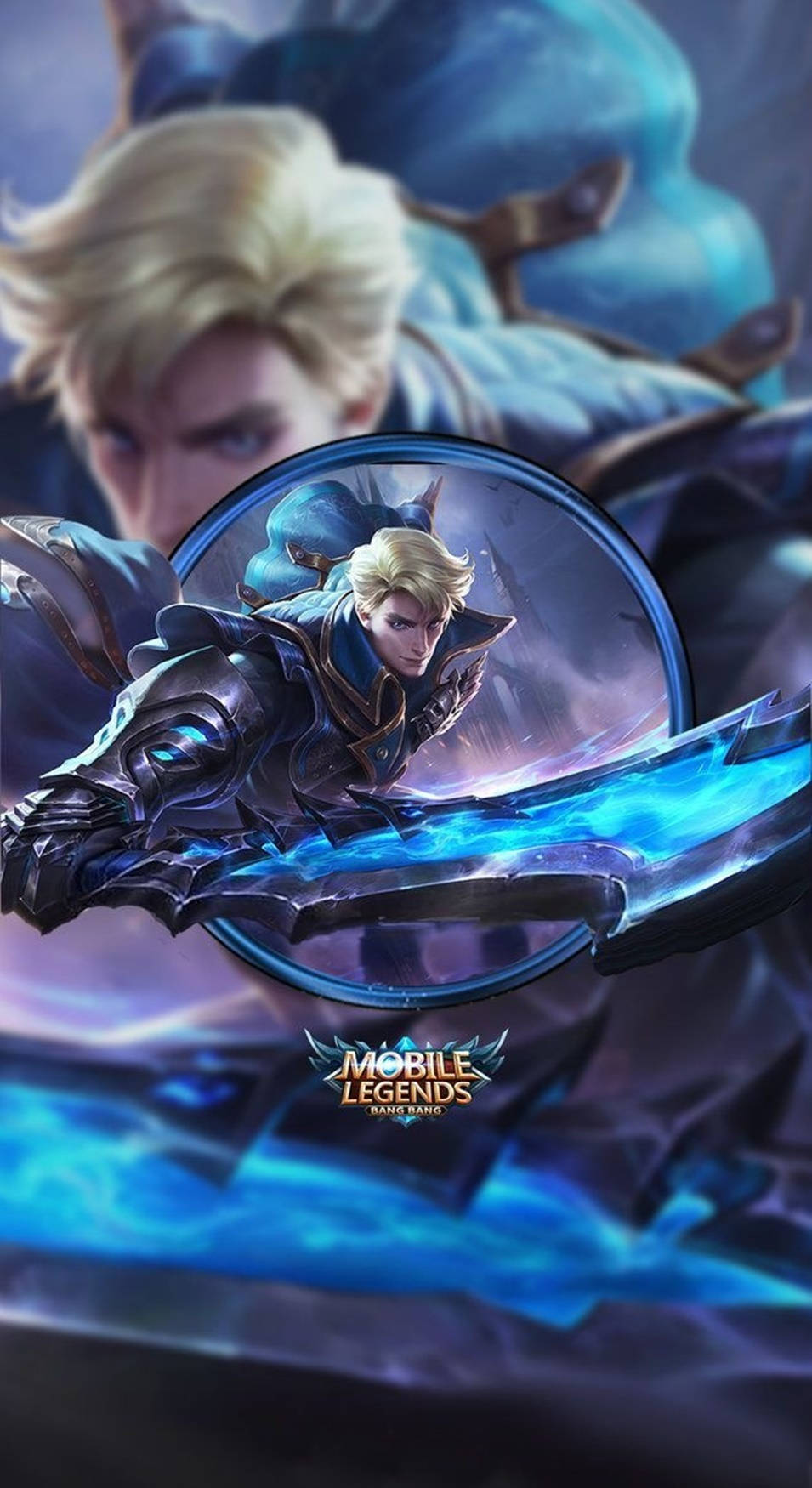 Mobile Legends 動態圖 桌布 壁紙 — 一位金髮戰士身穿暗色盔甲，在圓形框架內揮舞著發光的藍色劍，背景是神秘的藍色。
