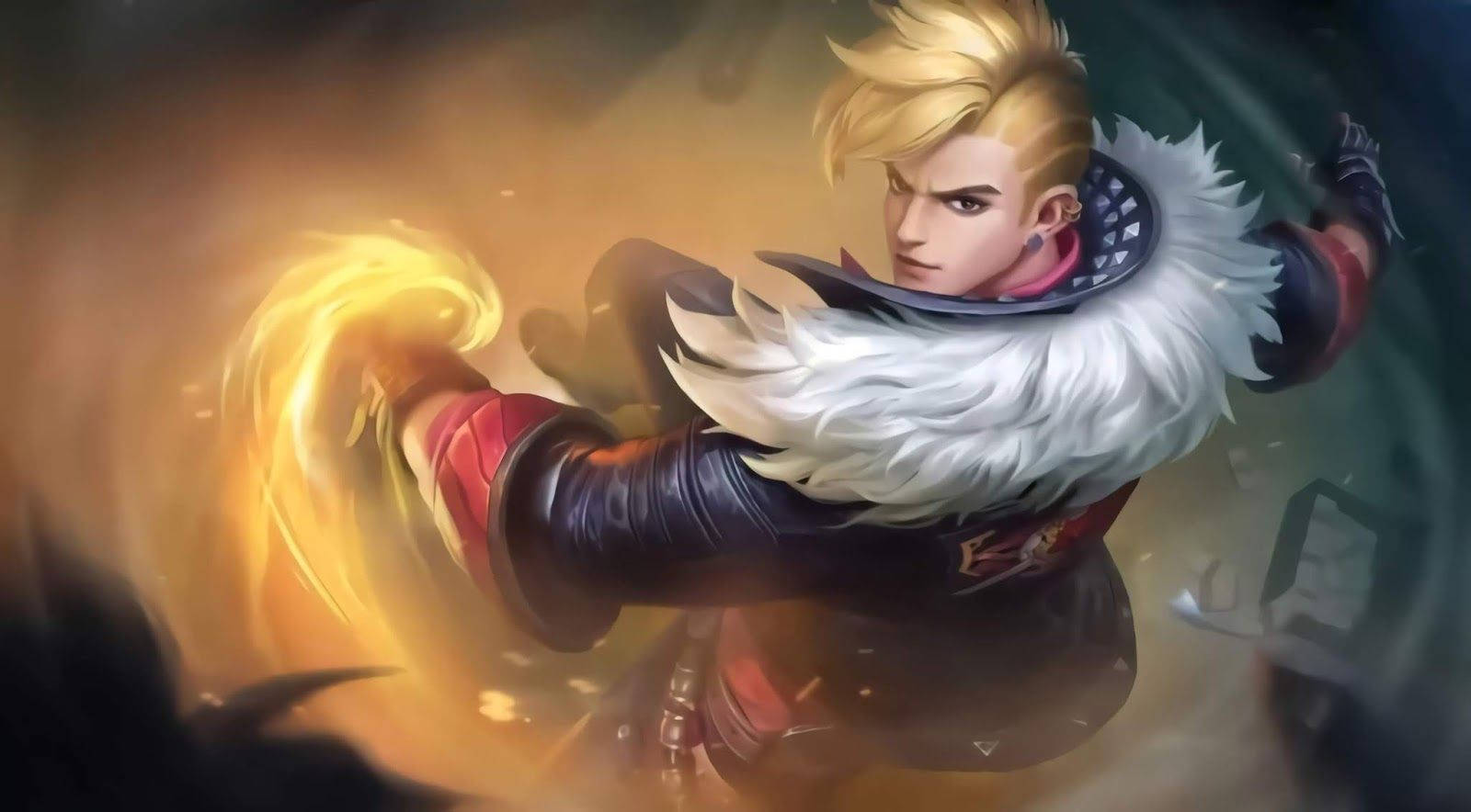 Mobile Legends 動態圖 桌布 壁紙 — 一位金髮戰士身穿毛皮鑲邊盔甲，在煙霧瀰漫的黑暗背景中釋放出火焰般的一拳。