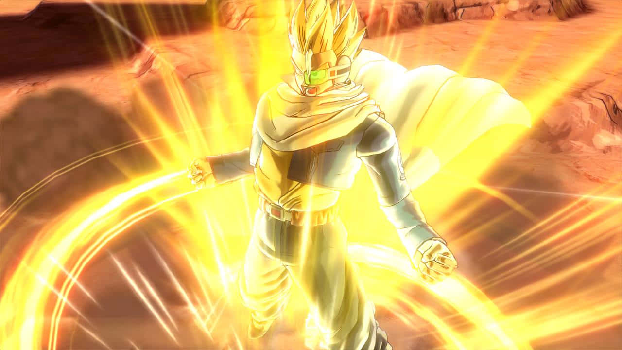 Dragon Ball Xenoverse 桌布 壁紙 — 一位金髮戰士身穿盔甲，在沙漠峽谷中散發出強烈的黃色能量。