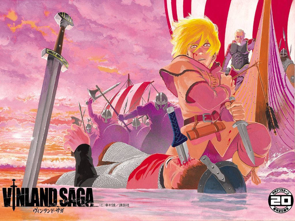 Vinland 桌布 壁紙 — 一位金髮戰士身穿粉紅色盔甲，在日落時分的船上挑釁地站著，劍拔弩張地指向倒下的敵人，維京入侵者在他身後推進。
