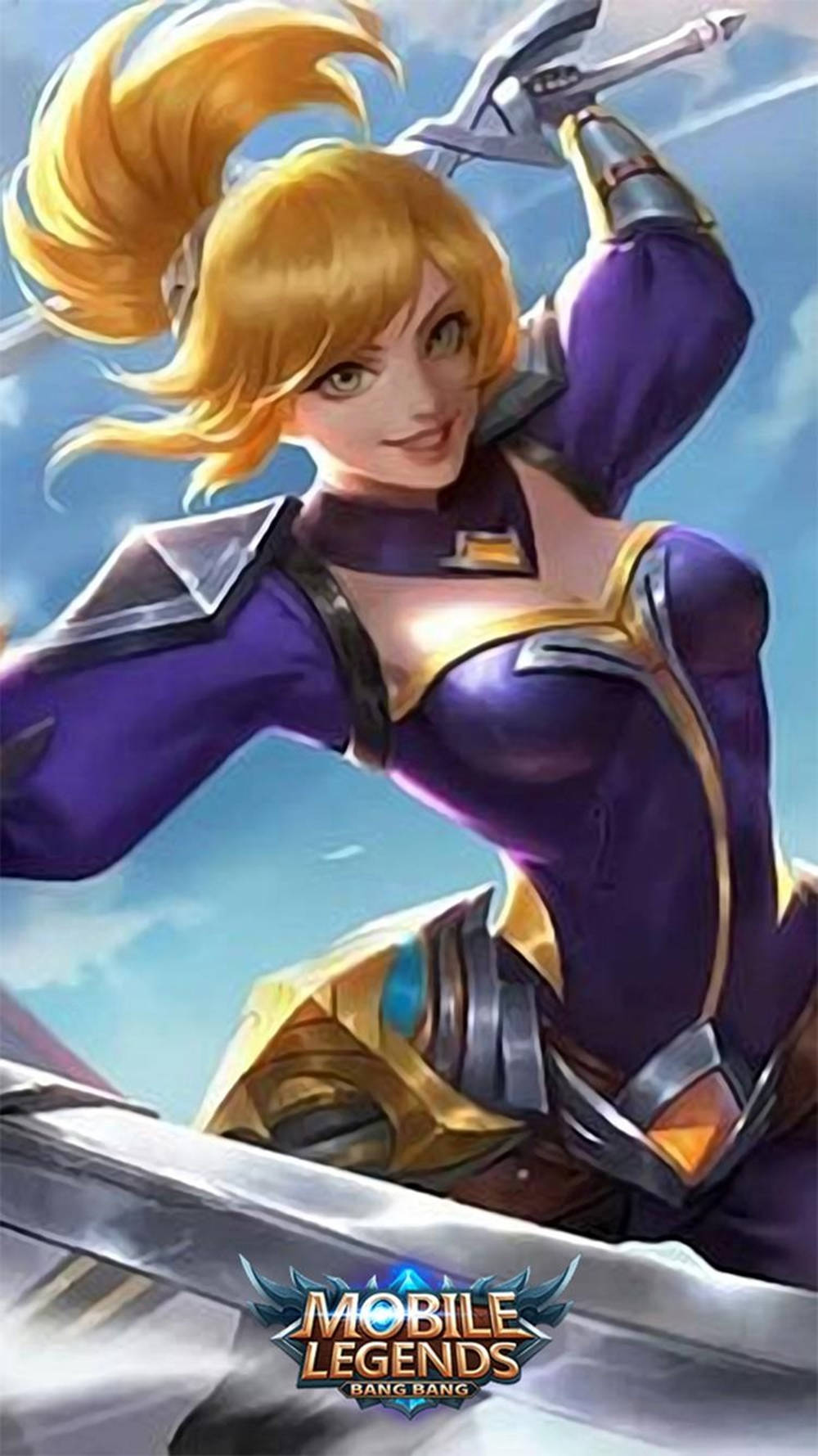 Mobile Legends 動態圖 桌布 壁紙 — 一位金髮戰士身穿紫色和金色盔甲，在明亮的藍天背景下揮舞著劍。