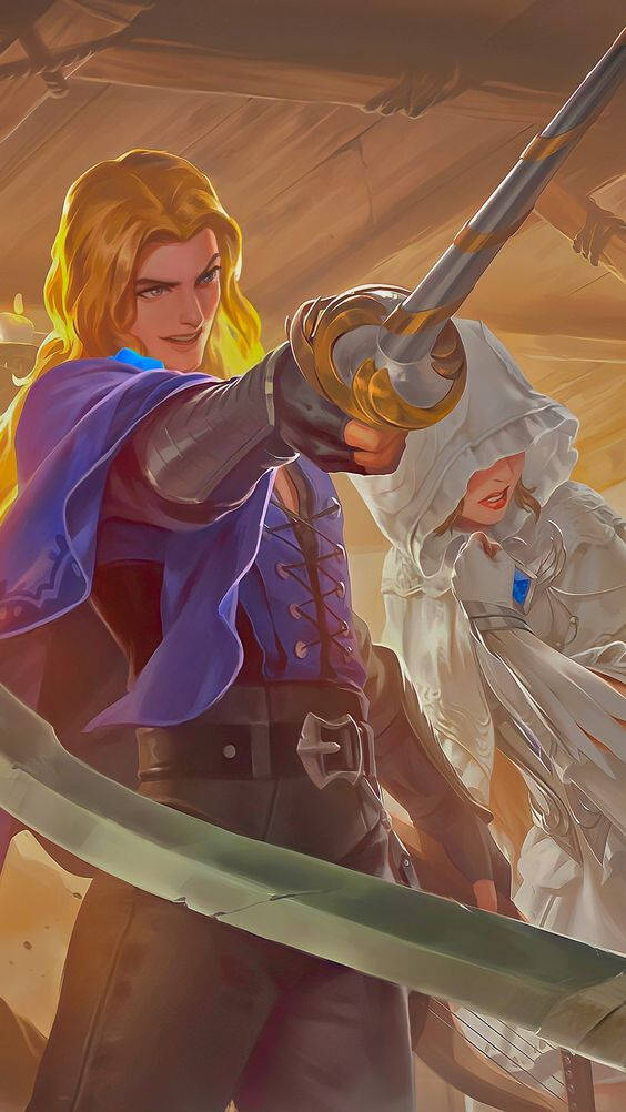 Mobile Legends 動態圖 桌布 壁紙 — 一位金髮戰士身穿紫色斗篷，在陽光普照的木製大廳中，與一位戴著兜帽的同伴一起，以兇猛的決心揮舞著劍。