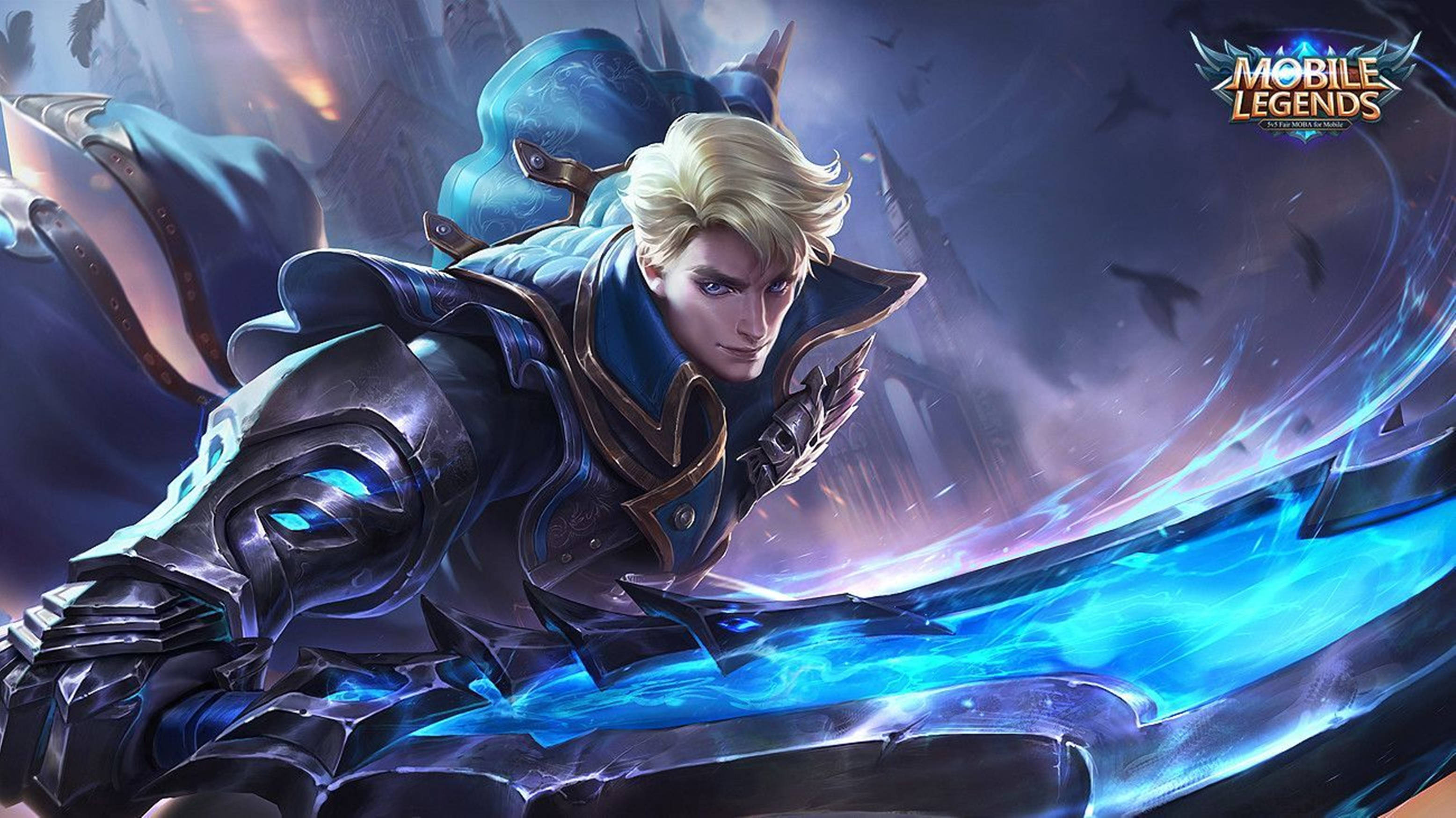 金髮戰士身穿藍色盔甲在奇幻遊戲場景中揮舞發光劍 — Mobile Legends 動態圖 壁紙