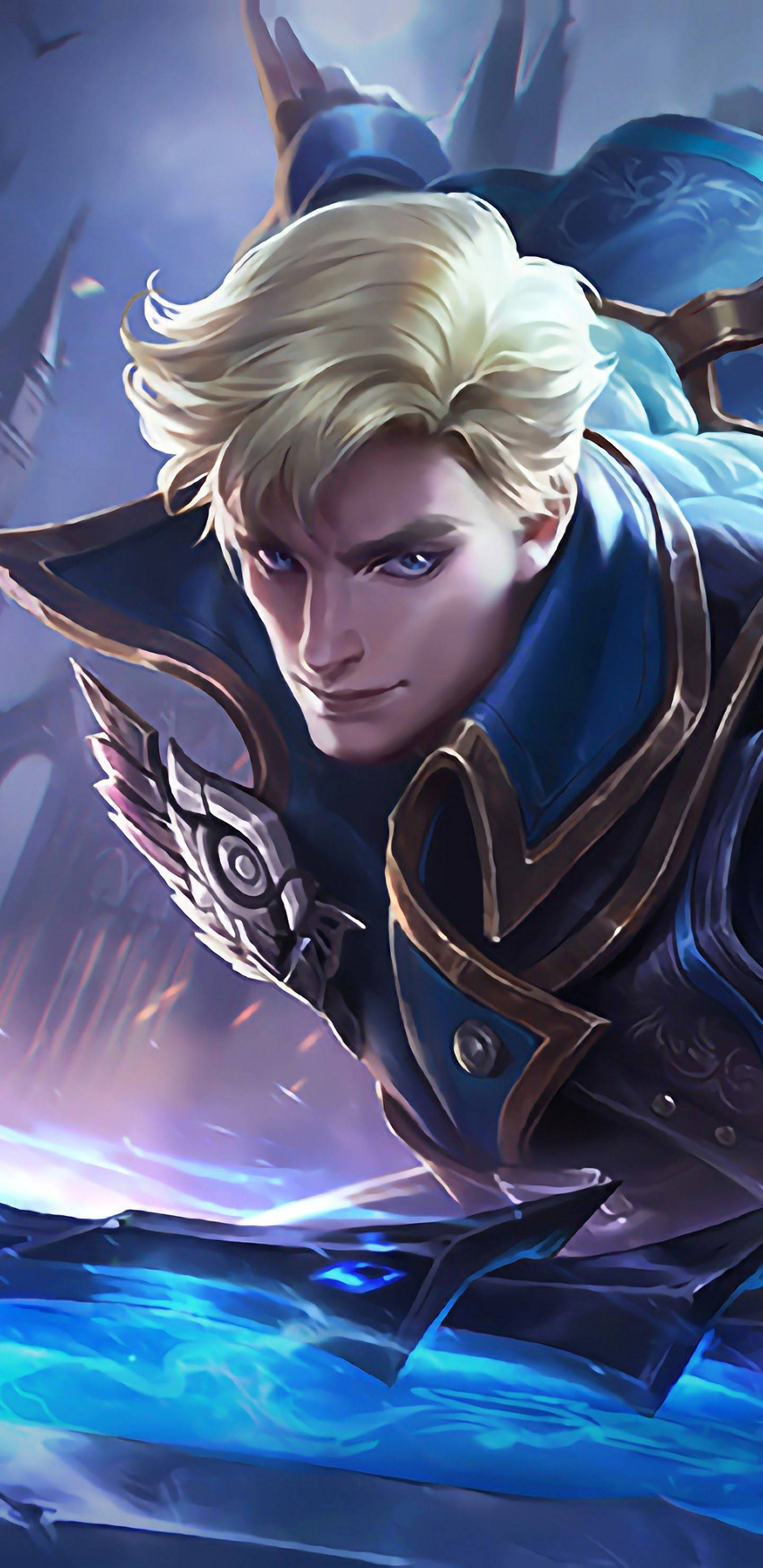 Mobile Legends 動態圖 桌布 壁紙 — 一位金髮戰士身穿藍金鎧甲，在旋轉的藍色能量上方，閃爍著光芒的眼睛直視前方。
