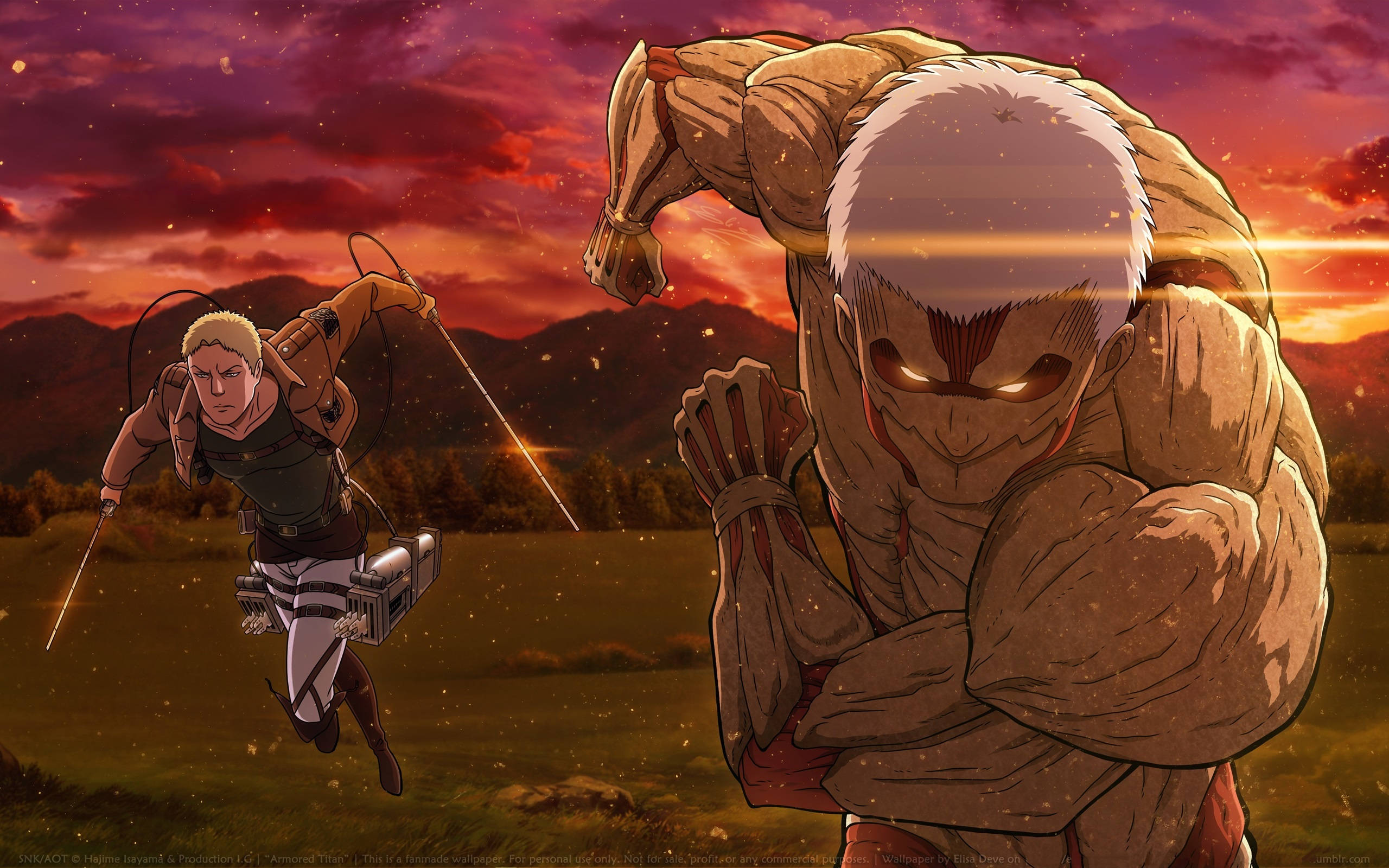 Reiner 桌布 壁紙 — 一位金髮戰士身穿裝備，在熾熱的夕陽天空下，向著巨大的裝甲巨人躍去。