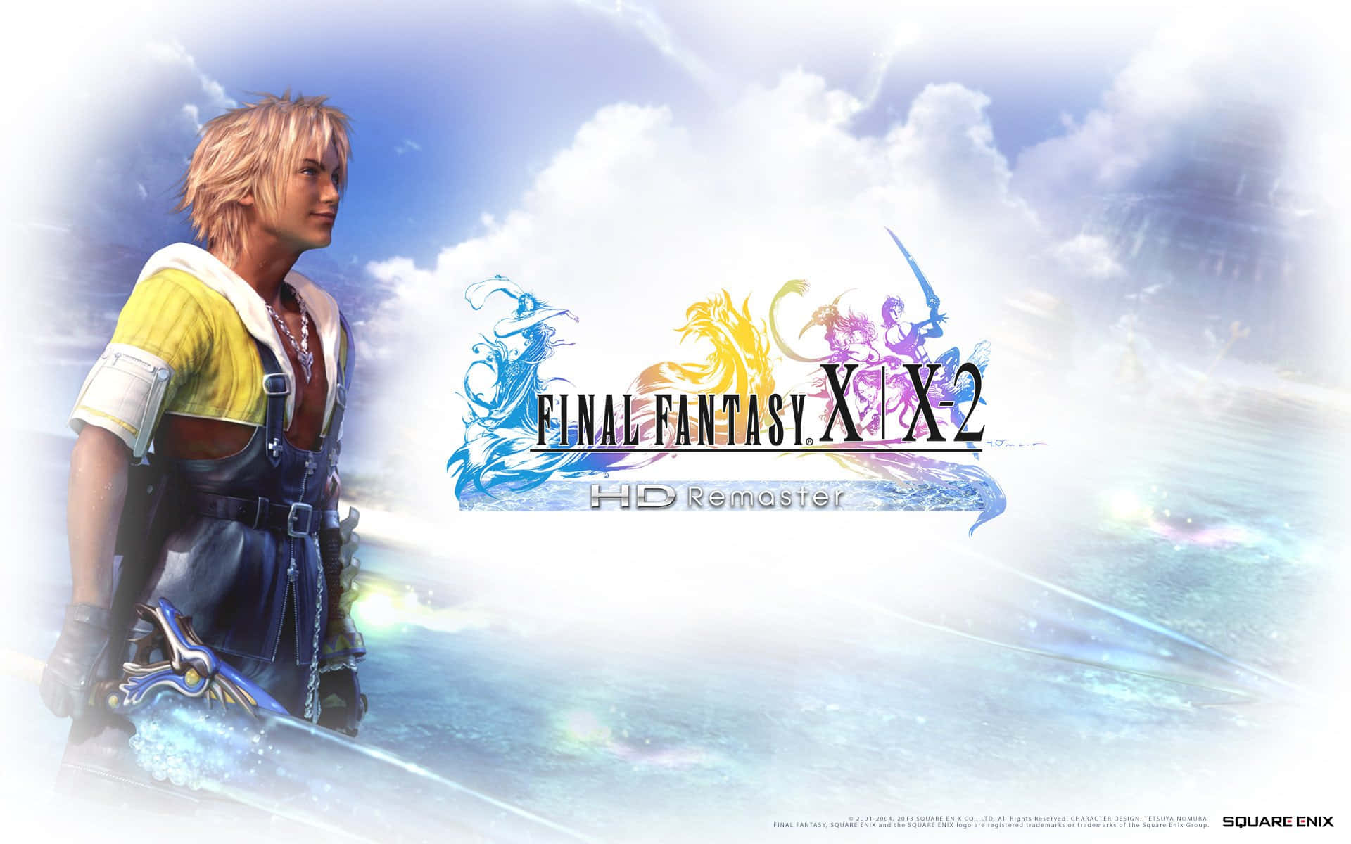 Final Fantasy X 桌布 壁紙 — 一位金髮戰士身穿黃藍色盔甲，站在明亮的天空下，背景有遊戲標誌和奇幻角色。