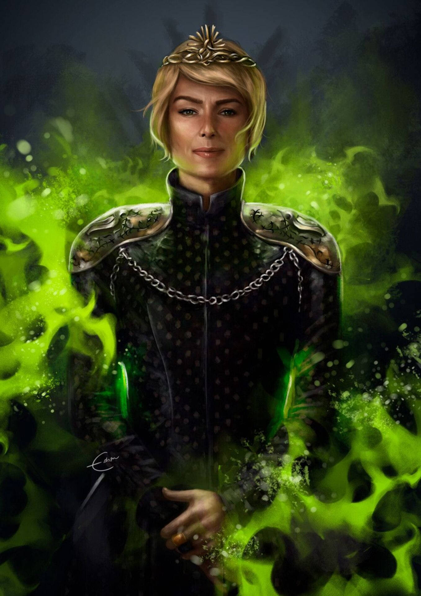 cersei lannister 桌布 壁紙 — 一位金髮戴冠的尊貴女性，身著華麗盔甲，立於旋轉的綠色火焰之中。
