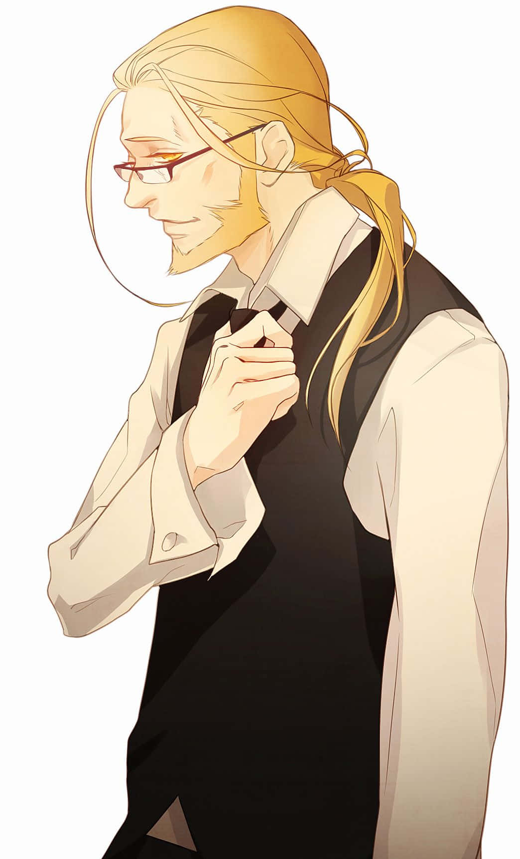 Van Hohenheim 桌布 壁紙 — 一位金髮戴眼鏡的動漫男子，穿著白色襯衫外搭黑色背心，正在調整領帶。