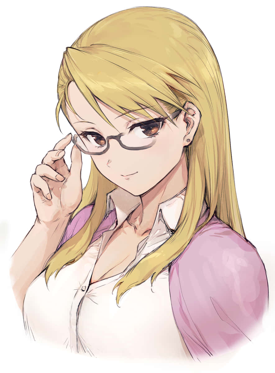 Riza Hawkeye 桌布 壁紙 — 一位金髮戴眼鏡的動畫女孩，穿著白色襯衫外搭粉紅色開襟毛衣，輕輕調整她的眼鏡。