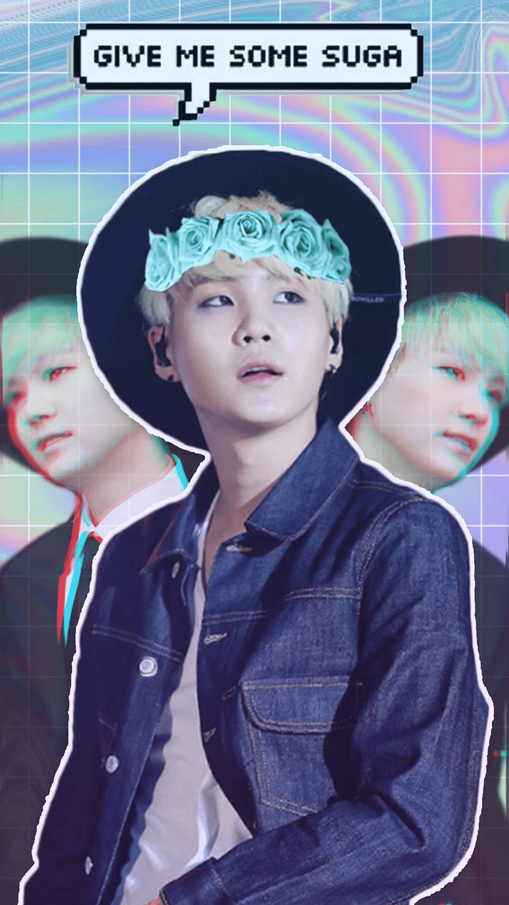 Suga Bts 桌布 壁紙 — 一位金髮戴花頭帶的年輕男子穿著牛仔外套，背景是故障全息效果，對話框寫著 give me some suga。