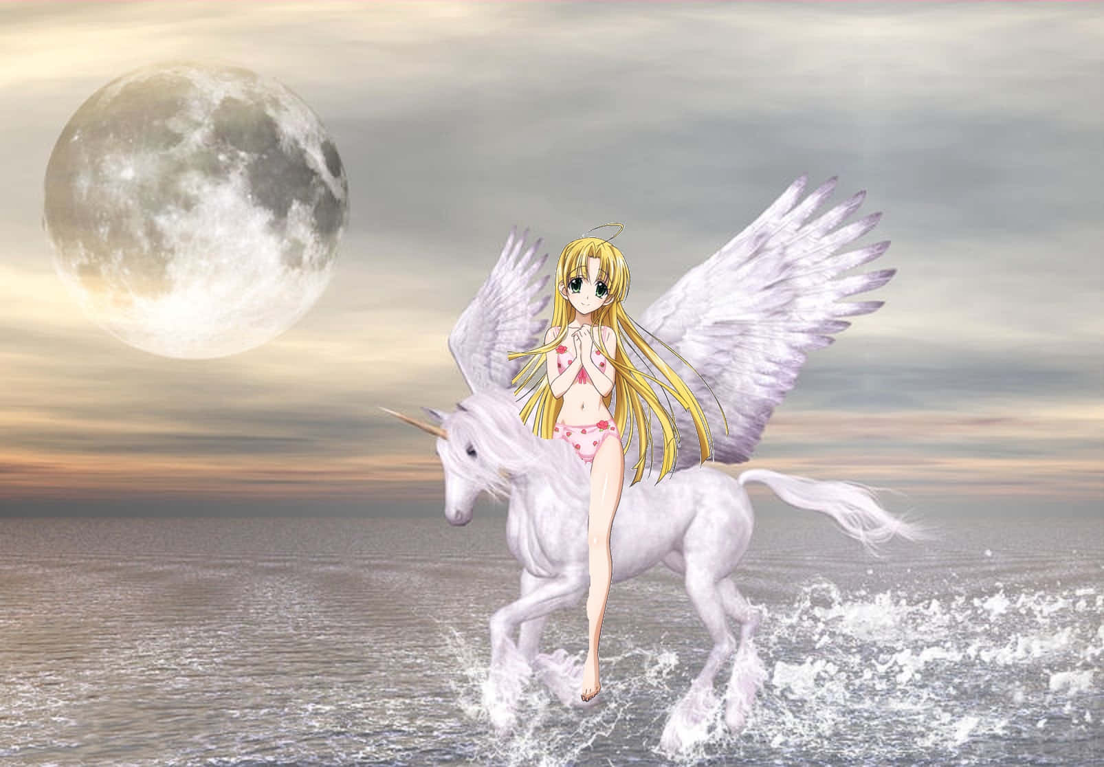 Highschool Dxd Asia Argento 桌布 壁紙 — 一位金髮有翅膀的動漫女孩騎著白色獨角獸穿過海浪，在巨大的月亮下。