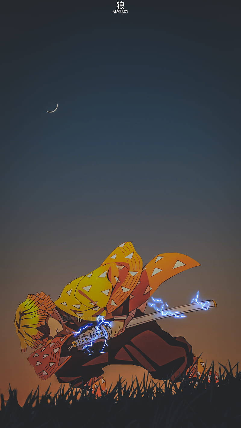 Zenitsu Pfp 桌布 壁紙 — 一位金髮橙衣的動漫戰士在彎月下揮舞著帶電的劍斬草。