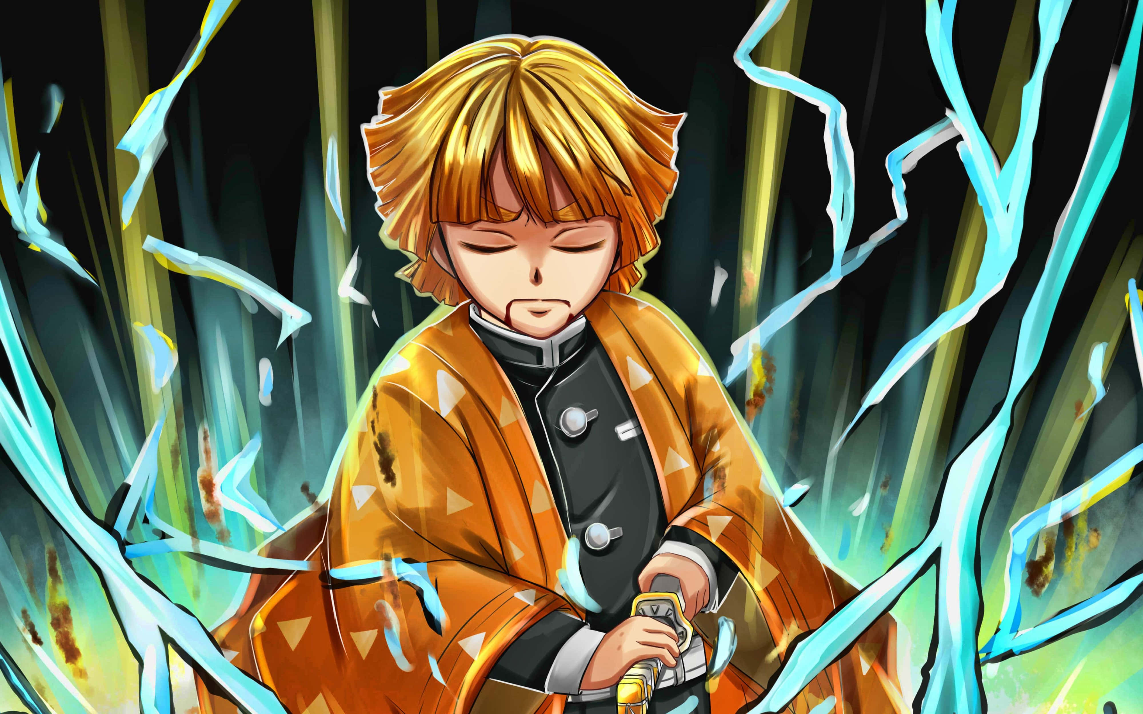 Demon Slayer Zenitsu 4K 桌布 壁紙 — 一位金髮橙衣的年輕動漫戰士，在黑暗森林中散發藍色能量裂縫中平靜站立。