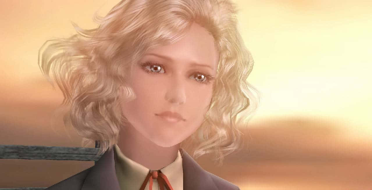 Metal Gear Solid Characters 桌布 壁紙 — 一位金髮波浪長髮的動漫女性，在溫暖的夕陽餘暉中穿著有領外套，凝視前方。