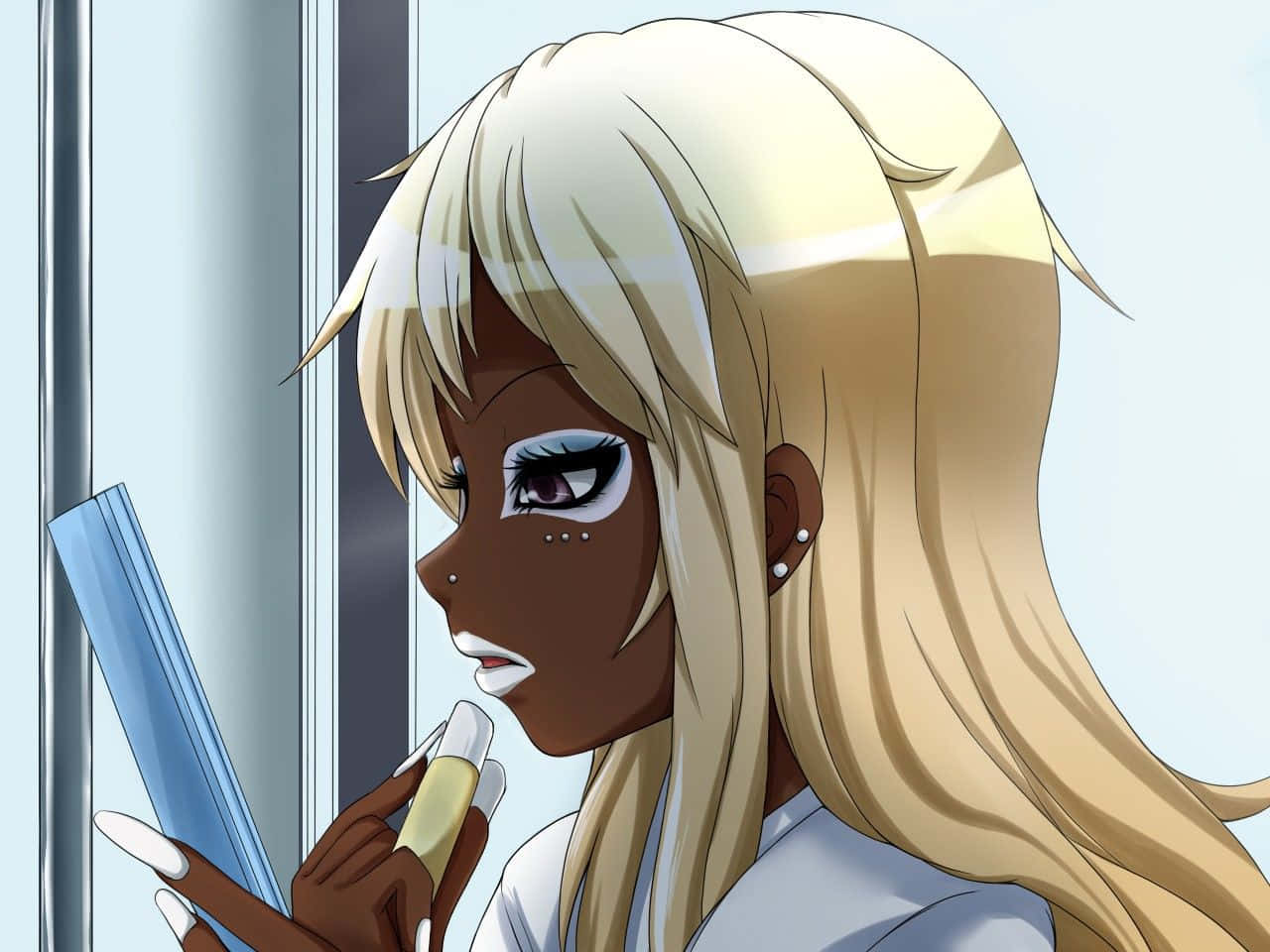 Gyaru 桌布 壁紙 — 一位金髮深色皮膚的動漫女孩，在窗邊拿著鏡子塗口紅。