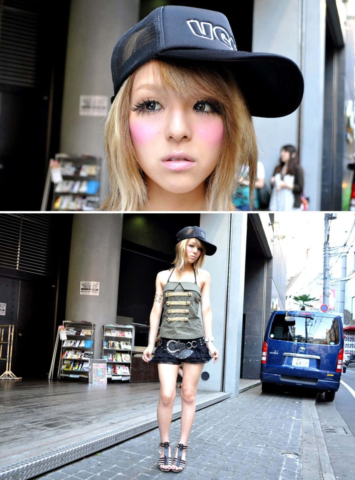 Gyaru Fashion 桌布 壁紙 — 一位金髮濃妝的年輕女性戴著黑色鴨舌帽，穿著軍裝風格服裝，站在城市人行道上。