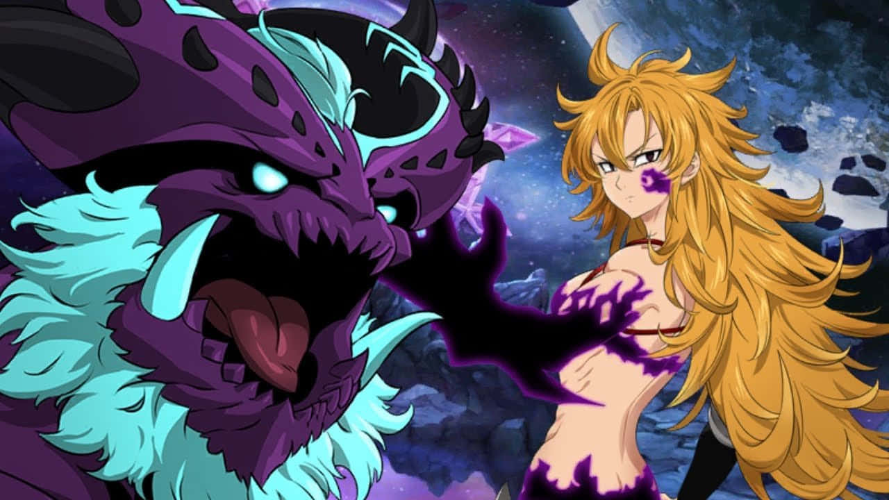 Seven Deadly Sins Derieri 桌布 壁紙 — 一位金髮的兇猛動漫女孩向一隻眼睛發光的紫色巨龍釋放紫色魔法。