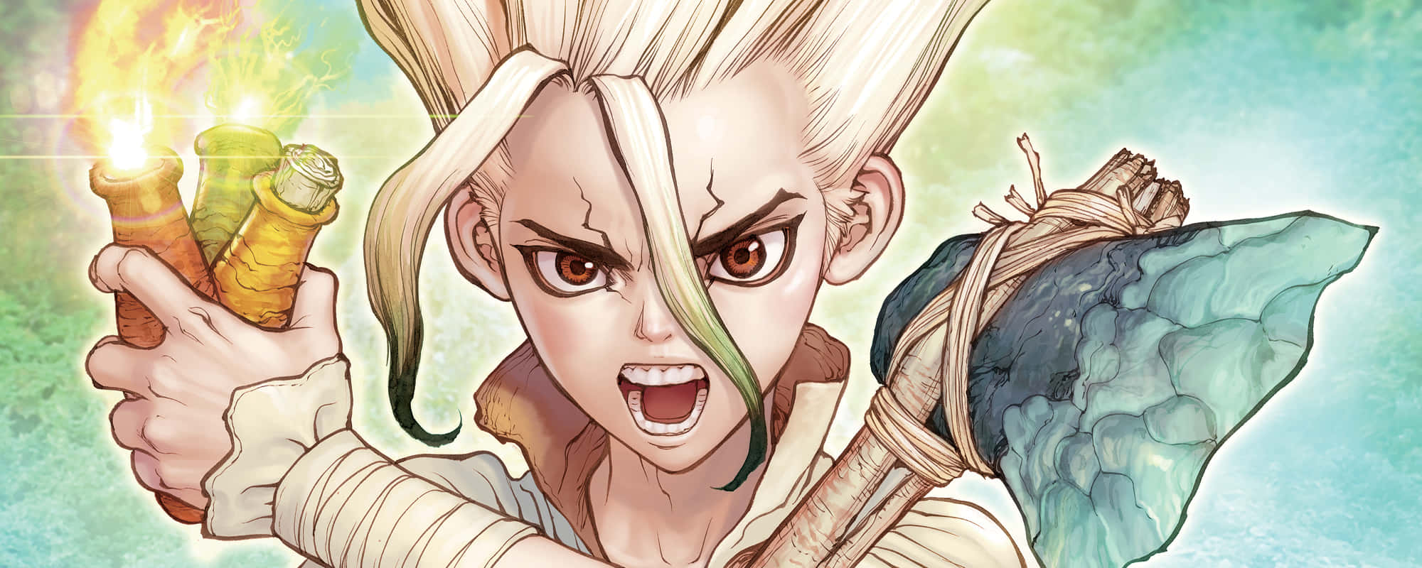 Dr.STONE 新石紀 桌布 壁紙 — 一位金髮的兇猛動漫戰士，在發光的綠色背景前揮舞著燃燒的火把和石斧。