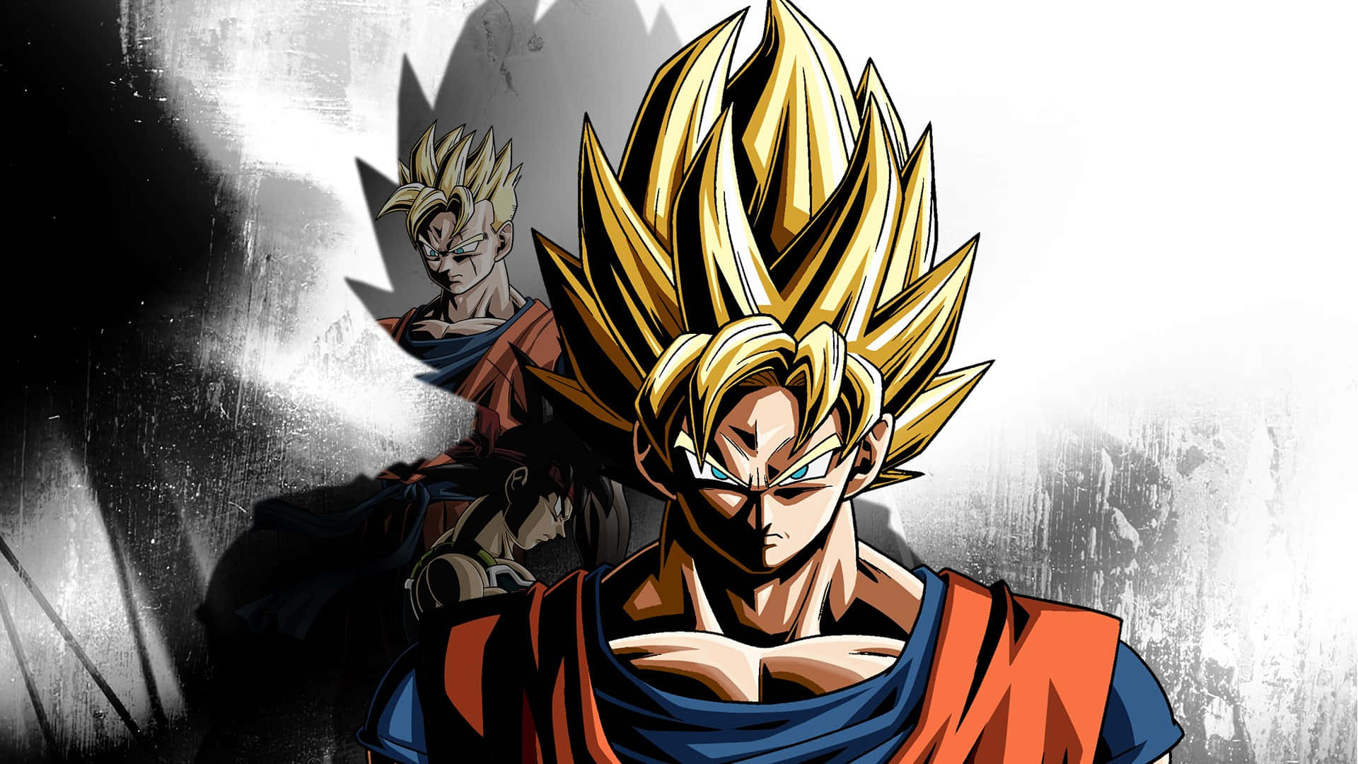 Dragon Ball Xenoverse 2 桌布 壁紙 — 一位金髮的兇猛動漫戰士穿著橙色和藍色的道服，在粗糙的黑白背景前用發光的眼睛向前凝視。