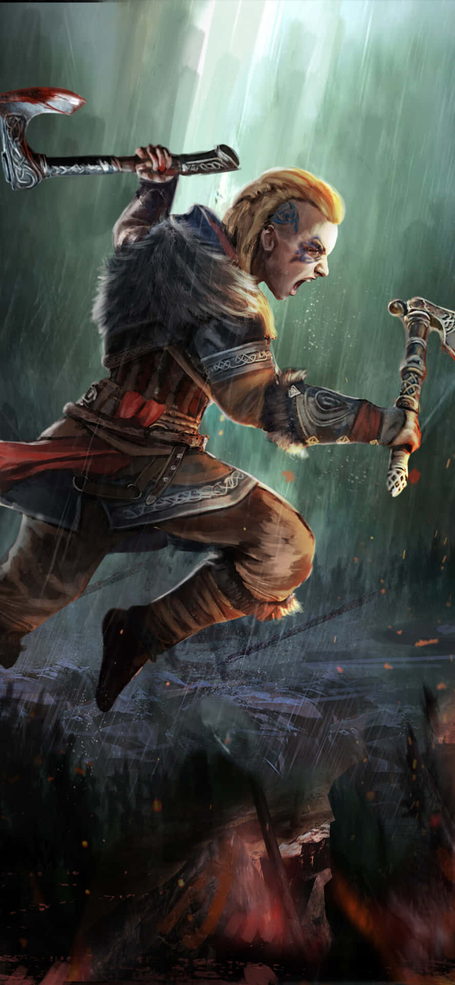 電玩遊戲 桌布 壁紙 — 一位金髮的兇猛戰士在雨中躍起，在黑暗火熱的戰場上揮舞兩把華麗的斧頭。