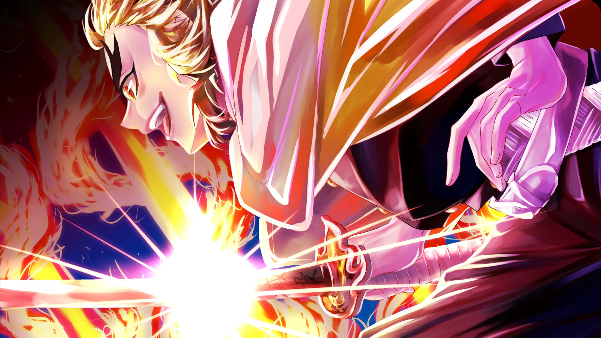 Rengoku Sword 桌布 壁紙 — 一位金髮的動態動漫戰士在充滿活力的戰鬥場景中，用發光的劍劈開熾熱的能量。