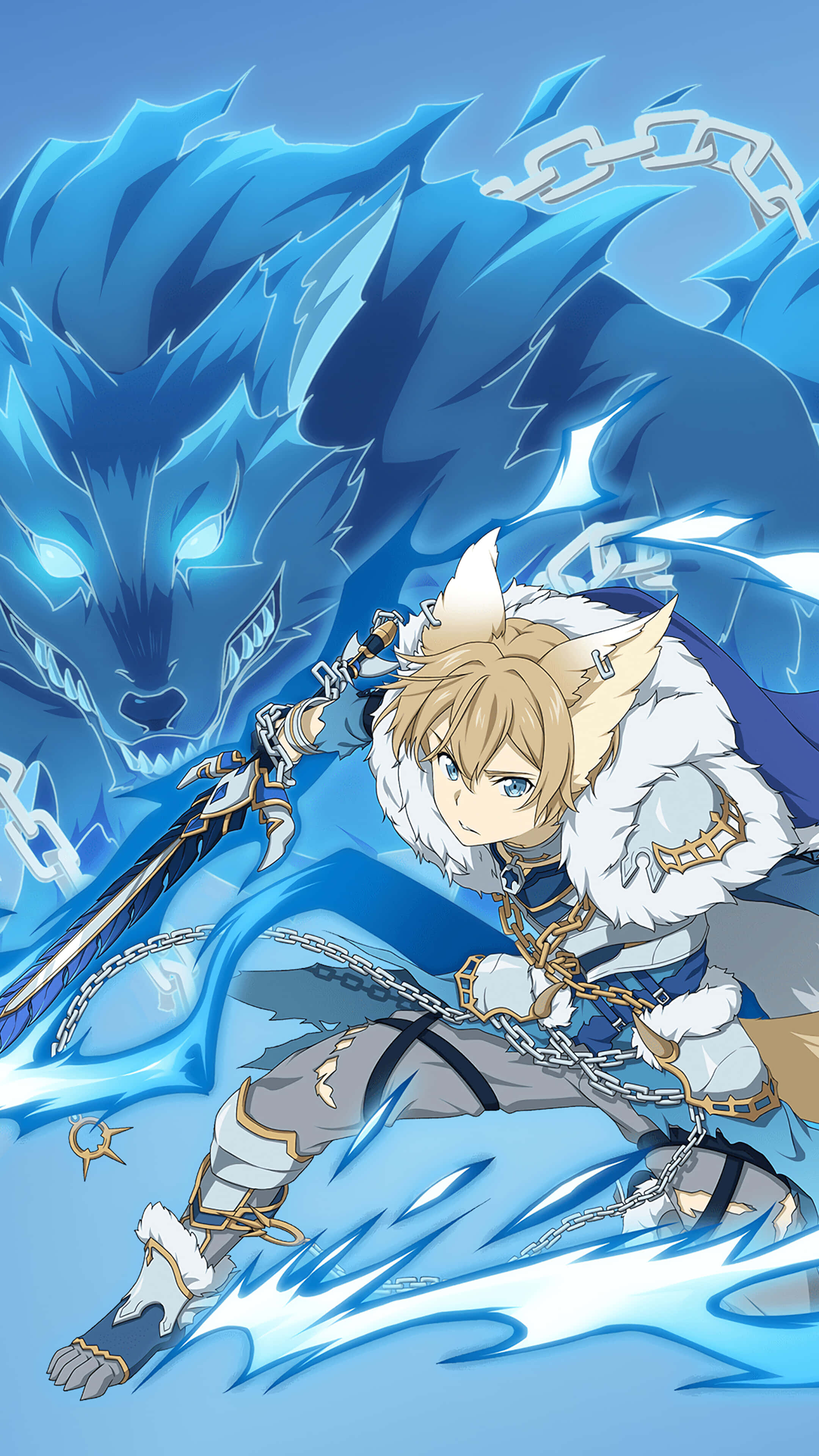 Sword Art Online Eugeo 桌布 壁紙 — 一位金髮的動漫戰士，長著狼耳，揮舞著劍，身後一頭巨大的藍色冰狼在咆哮，呈現出動態的戰鬥場景。
