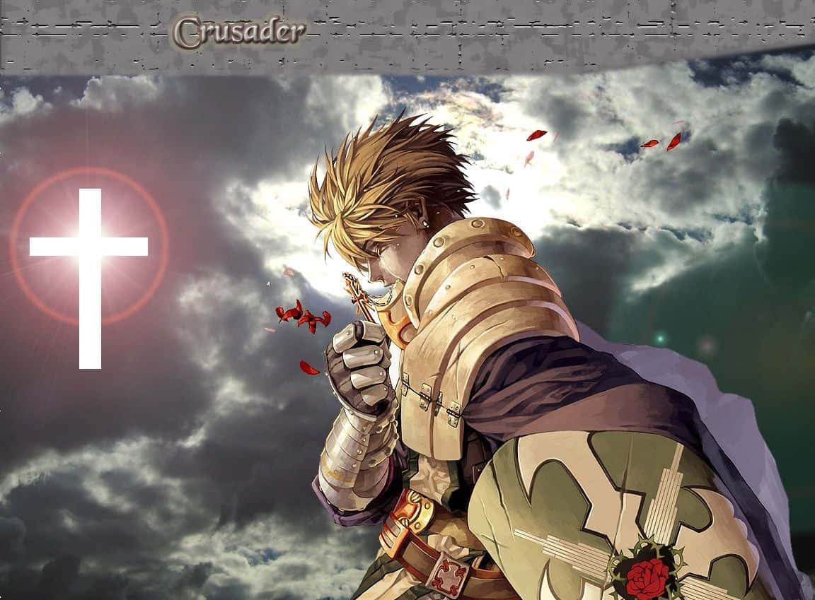Crusader 桌布 壁紙 — 一位金髮的十字軍戰士身穿華麗盔甲，在暴風雨的天空下，伴隨著發光的十字架和飄落的紅色花瓣，跪地祈禱。