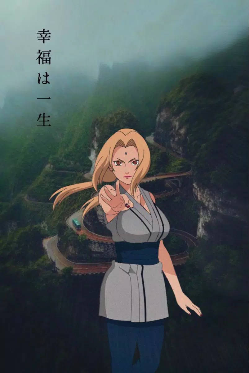 動漫女忍者在懸崖上俯瞰霧氣瀰漫的綠色山谷中的蜿蜒山路。 — 火影忍者疾風傳 壁紙