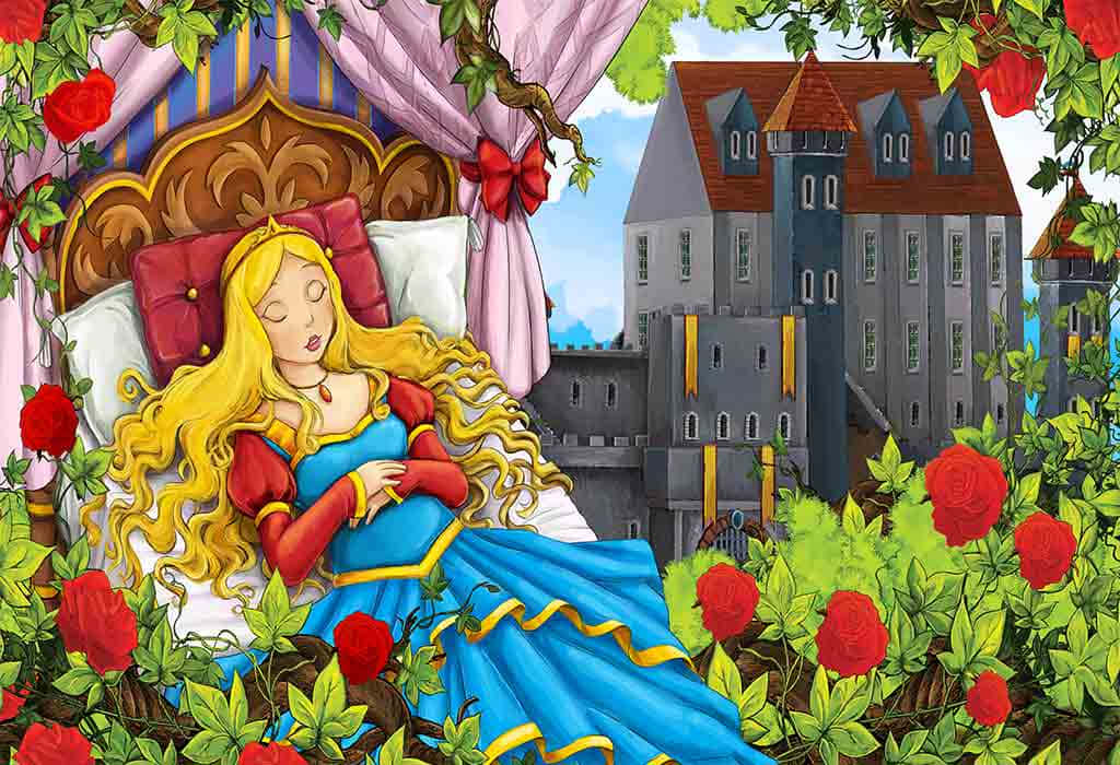 sleeping beauty 桌布 壁紙 — 一位金髮的睡公主在床上午睡，周圍是紅玫瑰和背景中的城堡。