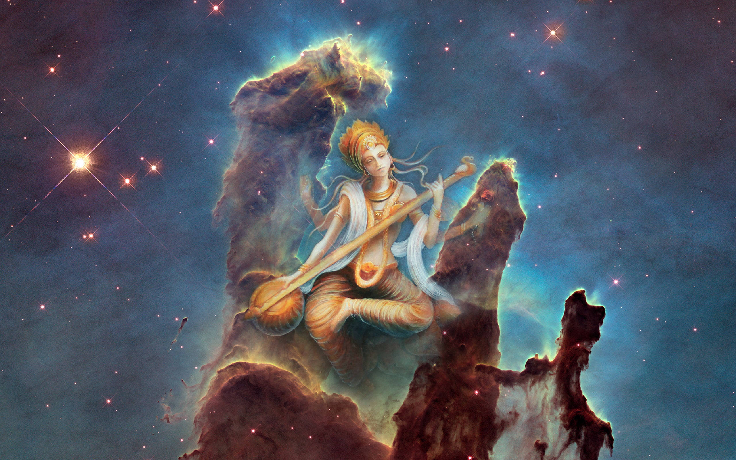 Saraswati 桌布 壁紙 — 一位金髮的神聖人物在星雲中閃爍著藍色和橙色色調的宇宙柱上吹奏長笛。