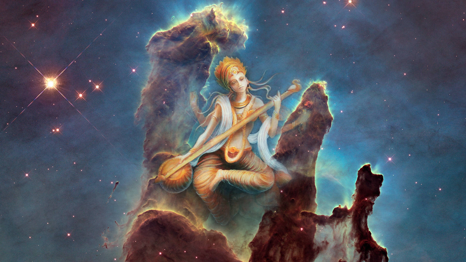 薩拉斯瓦蒂 桌布 壁紙 — 一位金髮的神聖人物坐在宇宙星雲之上，在星空下吹奏長笛。