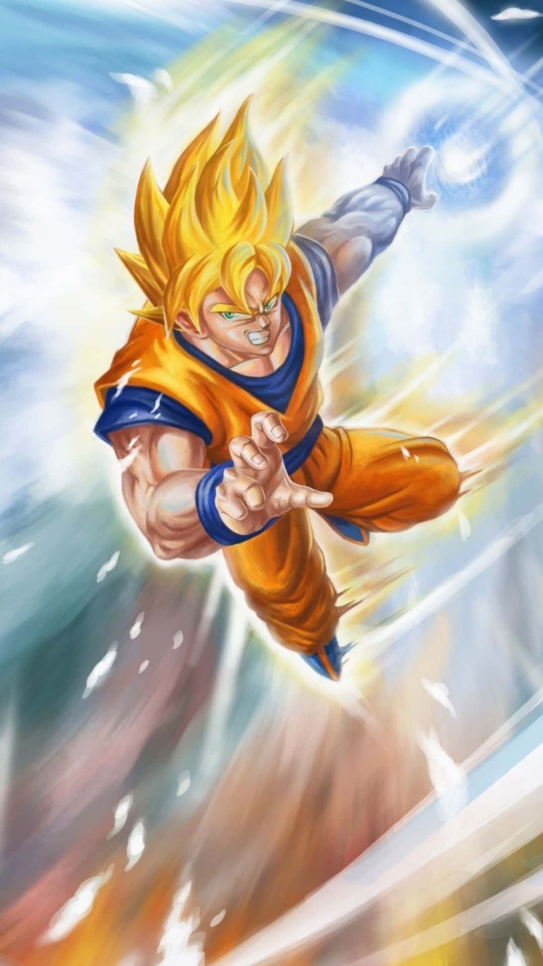 悟空 桌布 壁紙 — 一位金髮的賽亞人戰士穿著橙色道服，在旋轉的天空背景下，雙手發出強烈的能量光束向前飛行。
