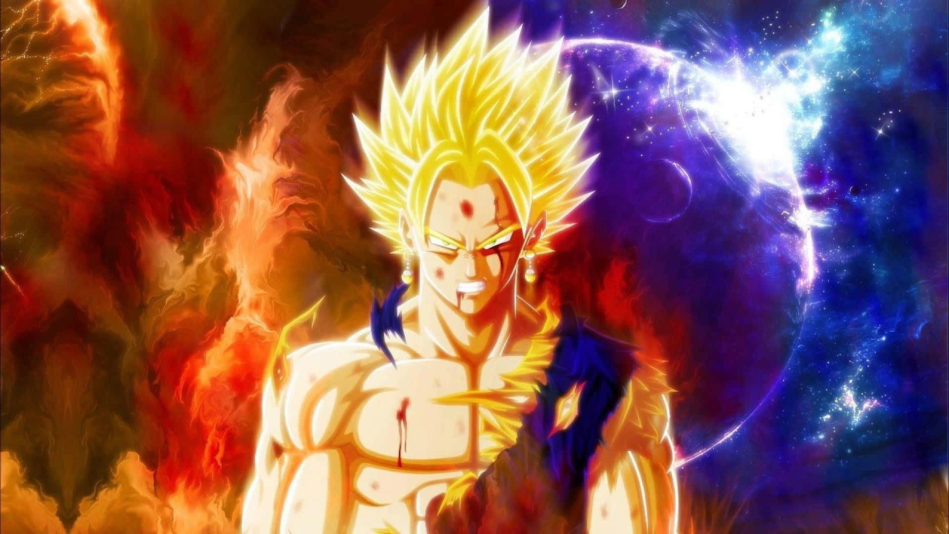 龍珠Z 桌布 壁紙 — 一位金髮的賽亞戰士在火紅與星藍的宇宙背景下散發力量。