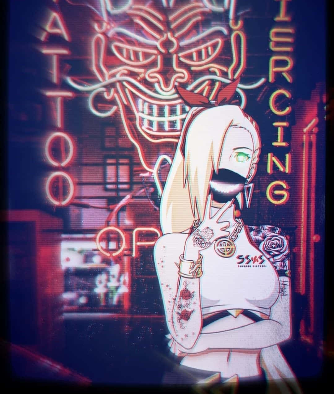 品牌 桌布 壁紙 — 一位金髮碧眼、帶有刺青的動漫女孩，自信地在發光的紅色霓虹刺青店招牌前擺姿勢。