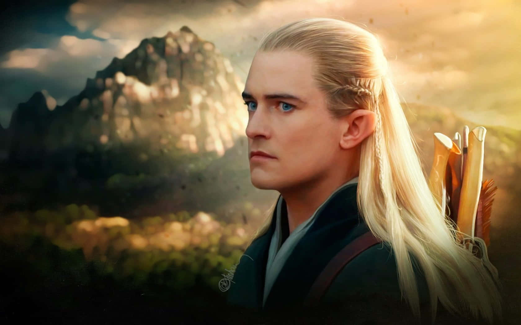 legolas 桌布 壁紙 — 一位金髮碧眼、帶著箭袋的精靈，在日落山脈背景下向前凝視。